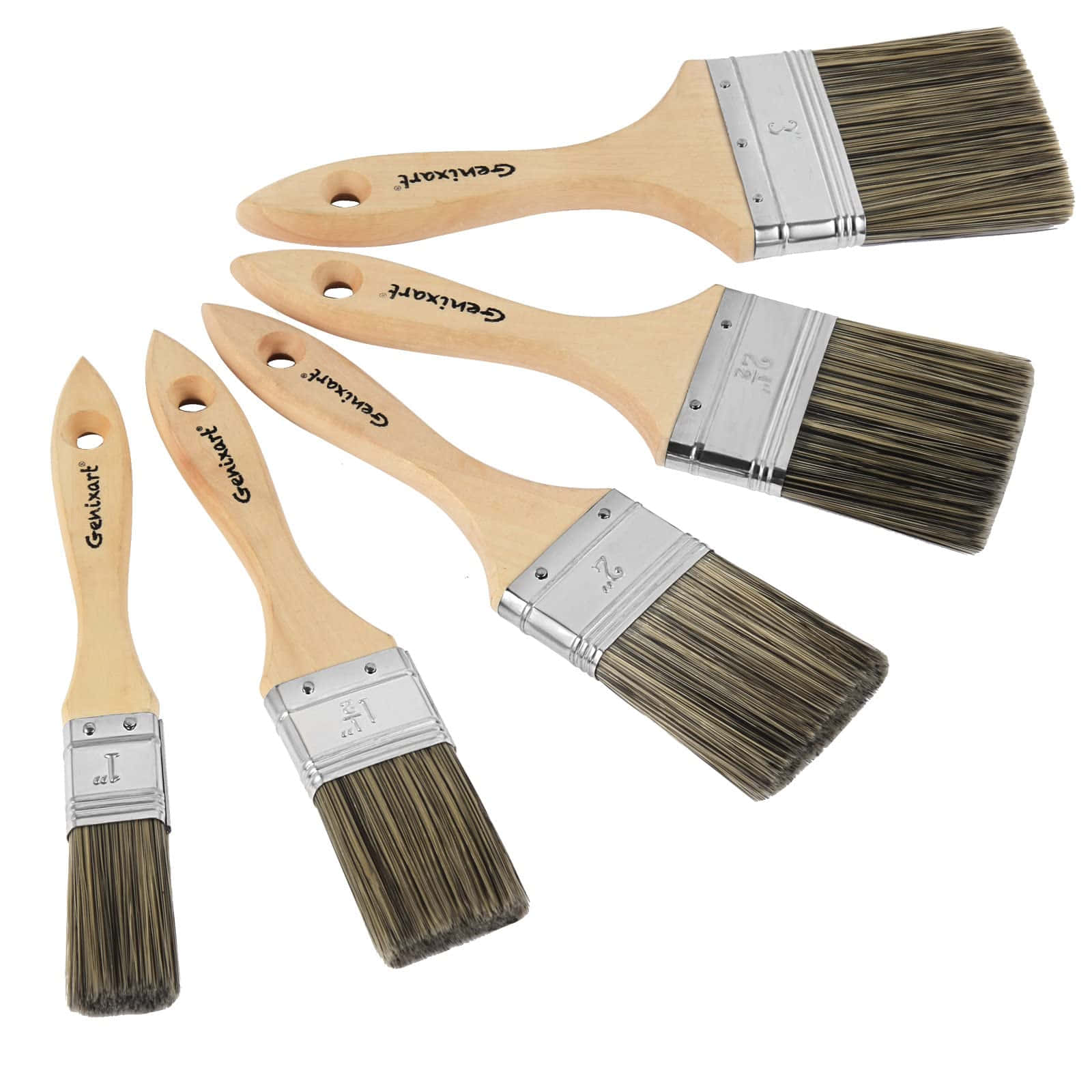 Paint Brush 桌布 壁紙 — 五支 Genixart 畫筆，木柄金屬箍，對角排列在潔白背景上。