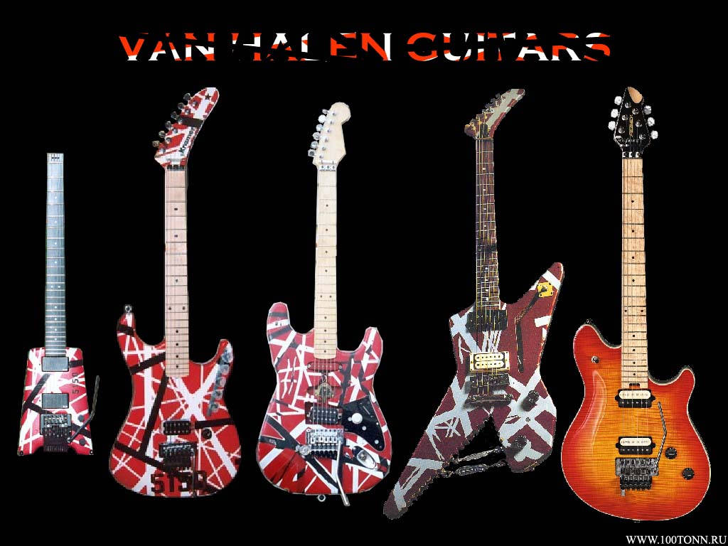 Eddie 桌布 壁紙 — 五支標誌性的 Van Halen 吉他，採用大膽的紅、白、黑設計，在黑色背景上展示。