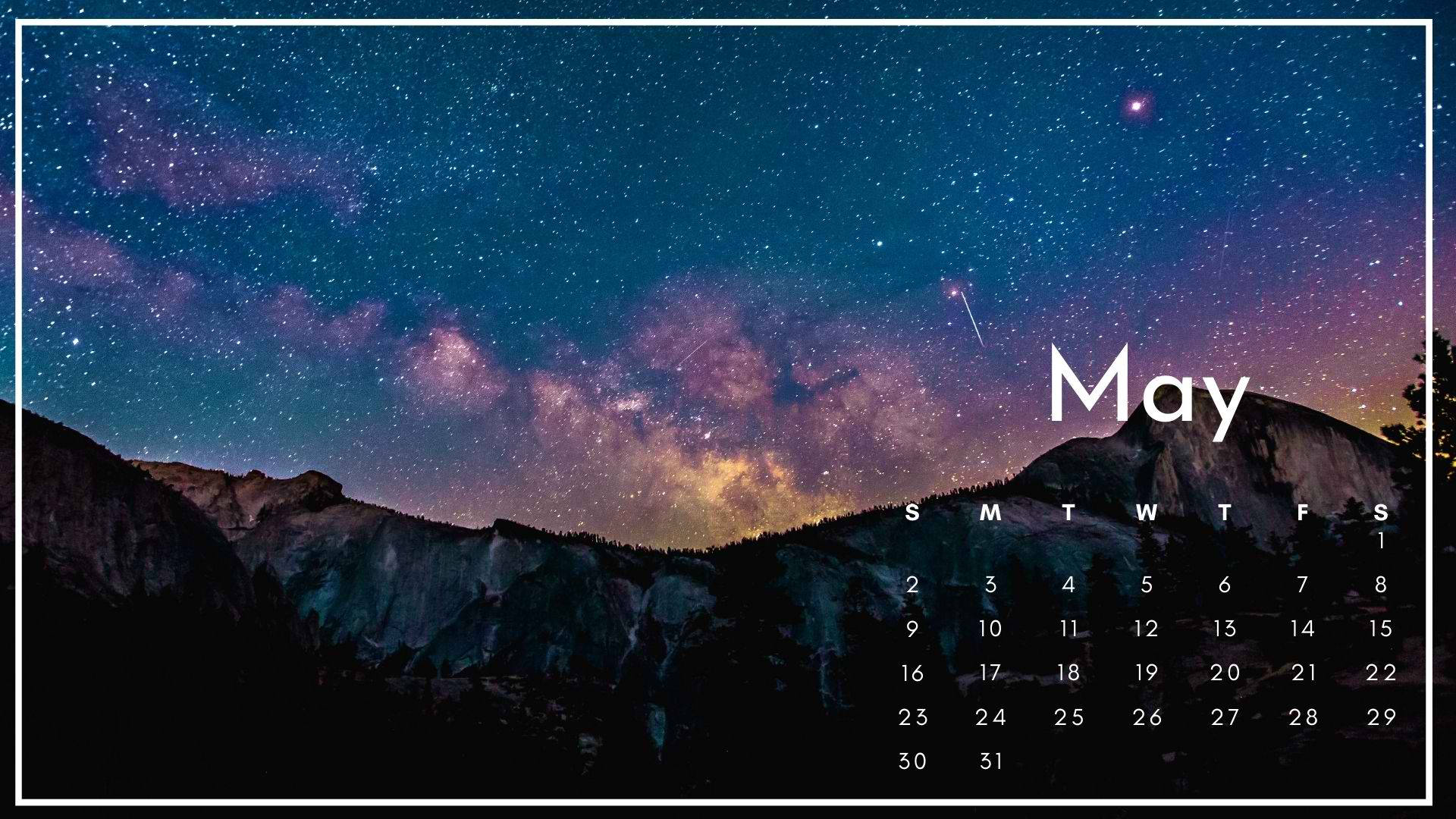 五月 桌布 壁紙 — 五月令人驚嘆的夜空月曆，銀河在黑暗的山脈輪廓上拱起，下方是繁星點點的紫色和藍色廣闊天空。