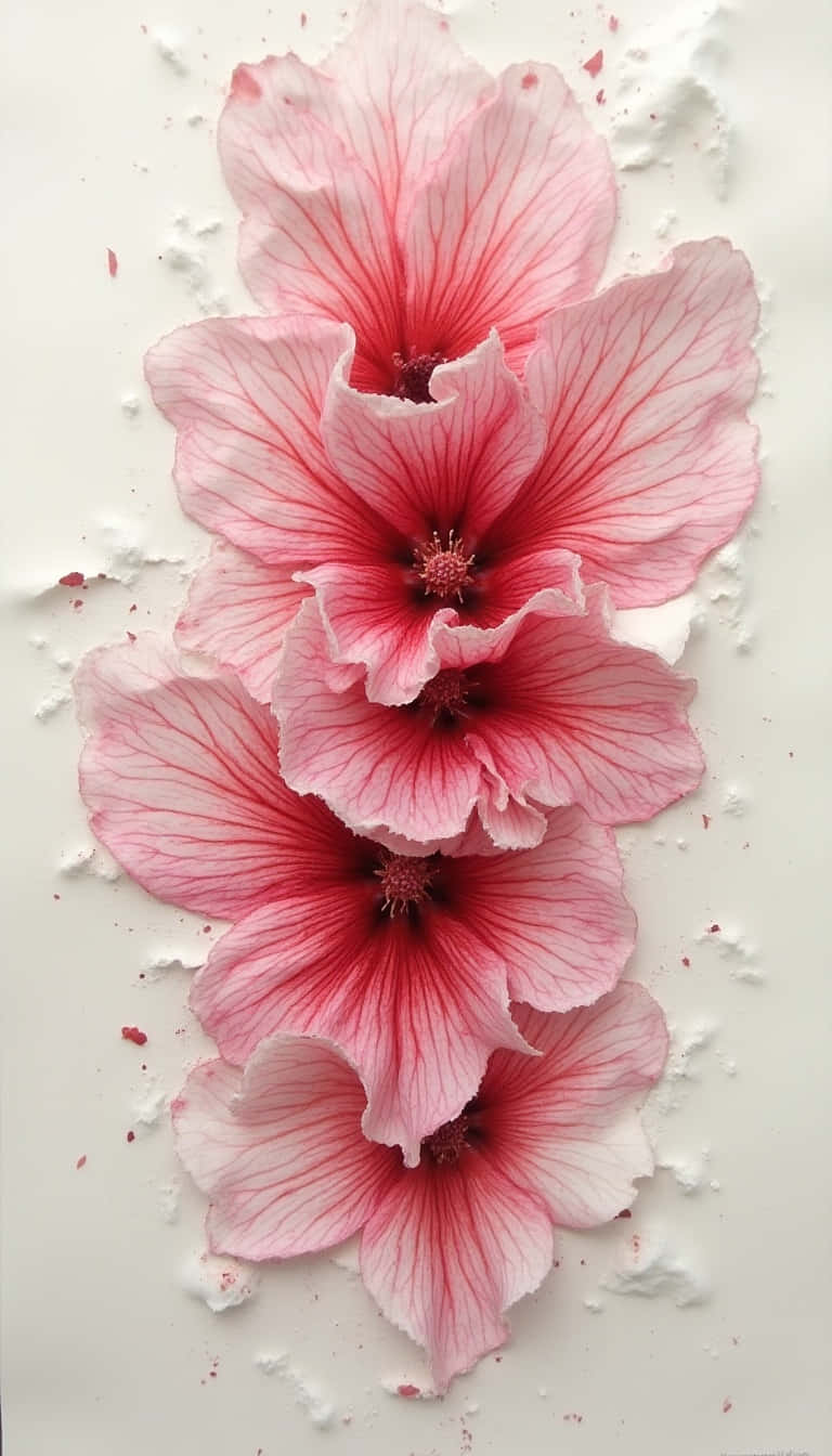 Flower 壁紙 — 五朵精緻的粉紅色木槿花，帶有複雜的紅色脈絡，垂直懸掛在帶有紋理的白色背景上。