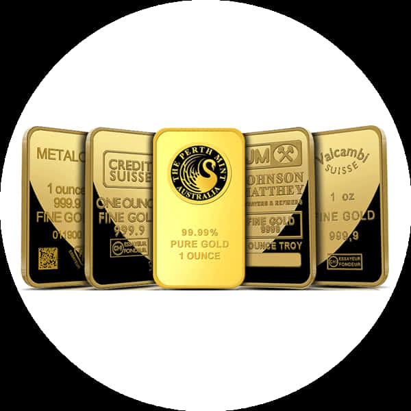 Gold Bars 桌布 壁紙 — 五條來自知名鑄幣廠的閃亮金條，排列在純白色圓形背景前。