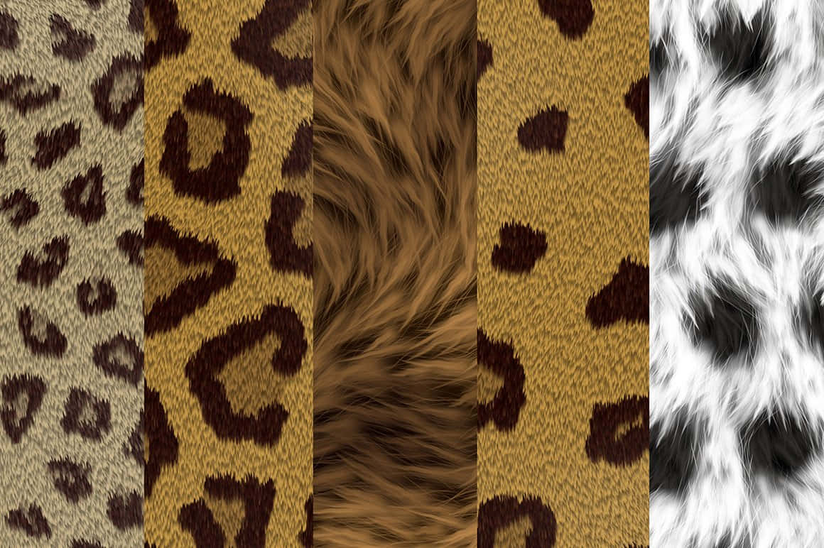 Animal Fur 桌布 壁紙 — 五條垂直條紋展示帶有紋理的豹紋布料及人造毛皮，採用大地色調及黑白對比。
