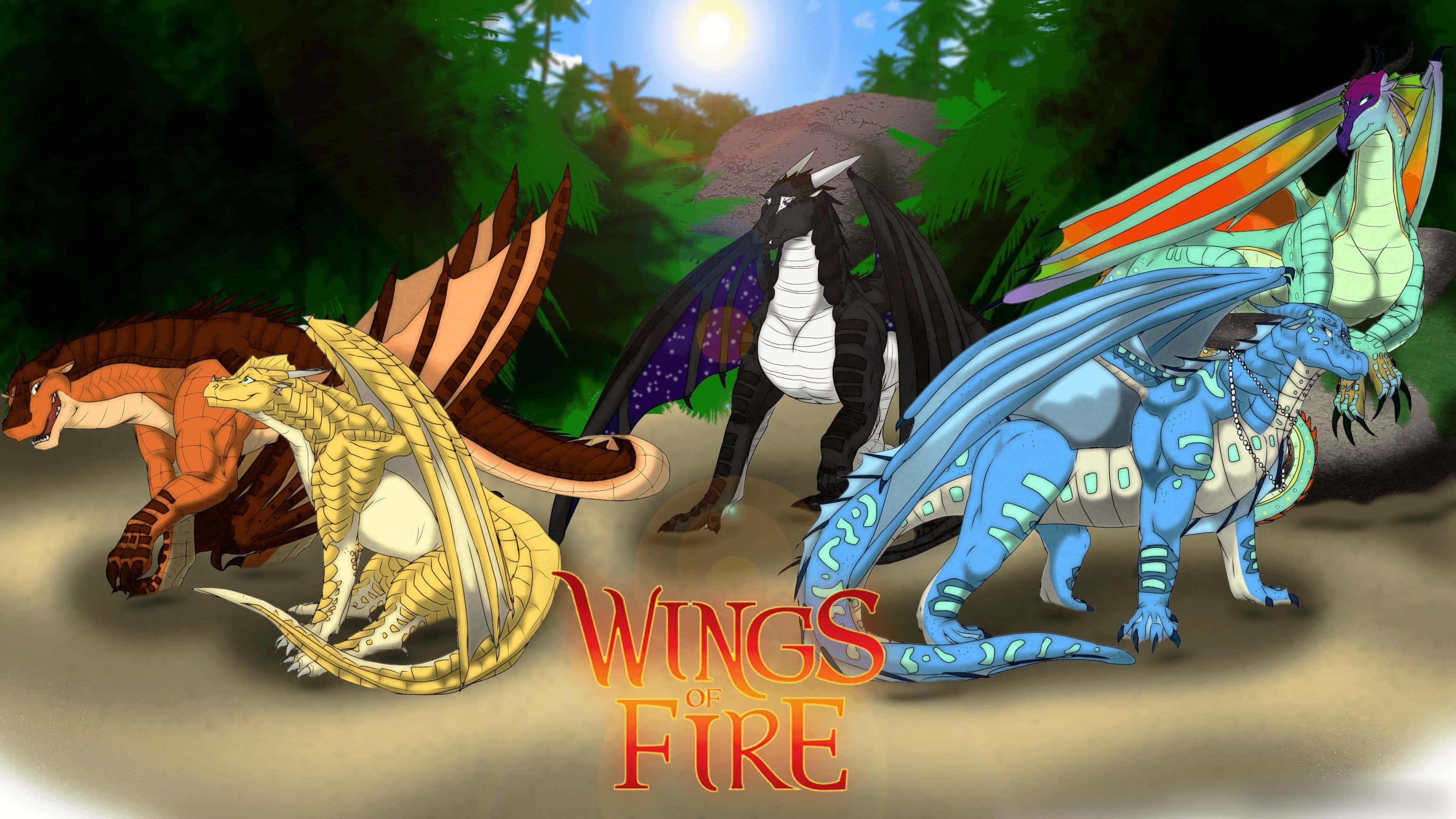 Wings Of Fire 桌布 壁紙 — 五條色彩繽紛、鱗片和翅膀分明的龍，站在明亮的陽光下森林空地上。