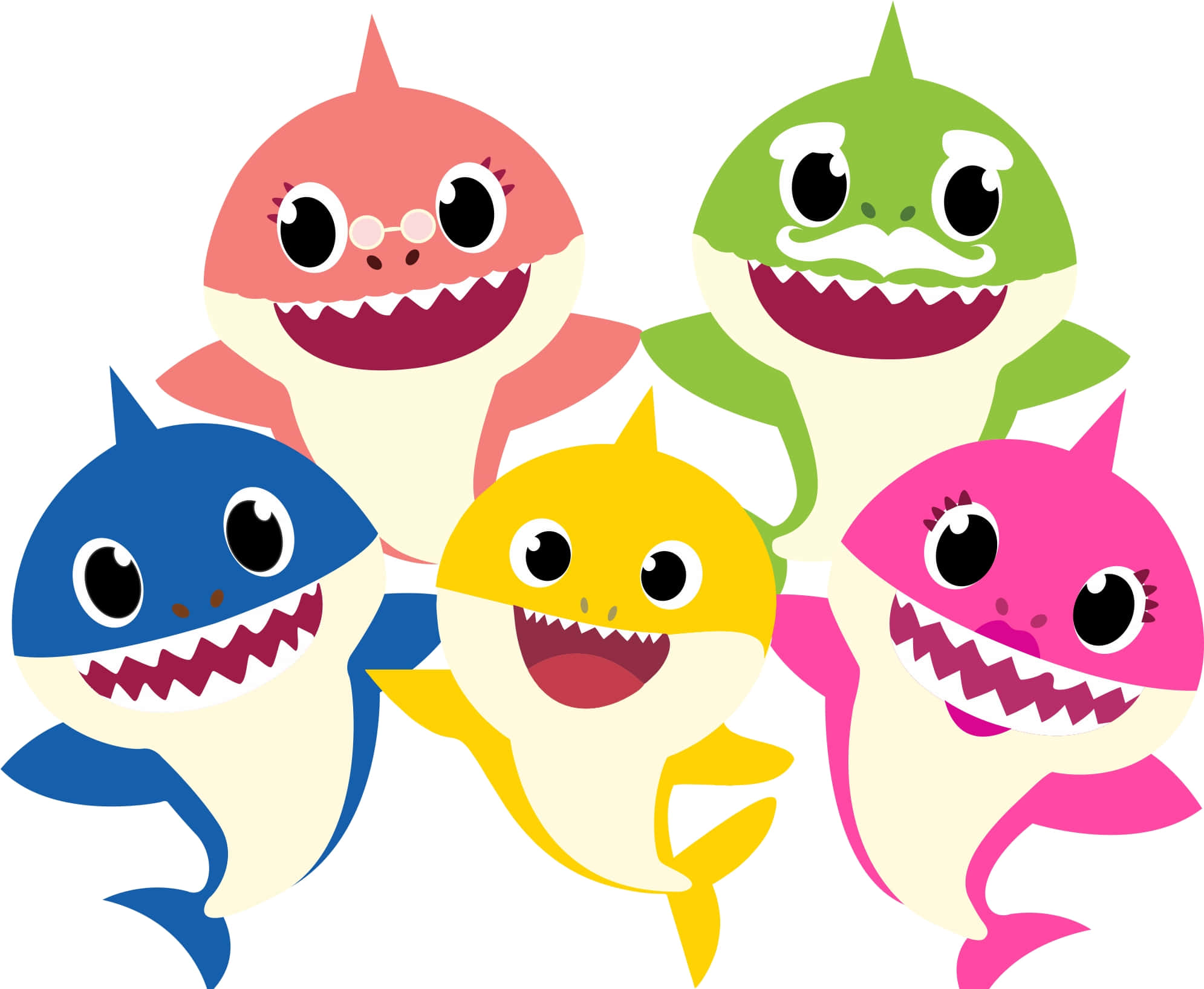 baby shark 桌布 壁紙 — 五條色彩鮮豔的卡通鯊魚，帶著大大的笑容和簡單的形狀，聚集在白色背景上。
