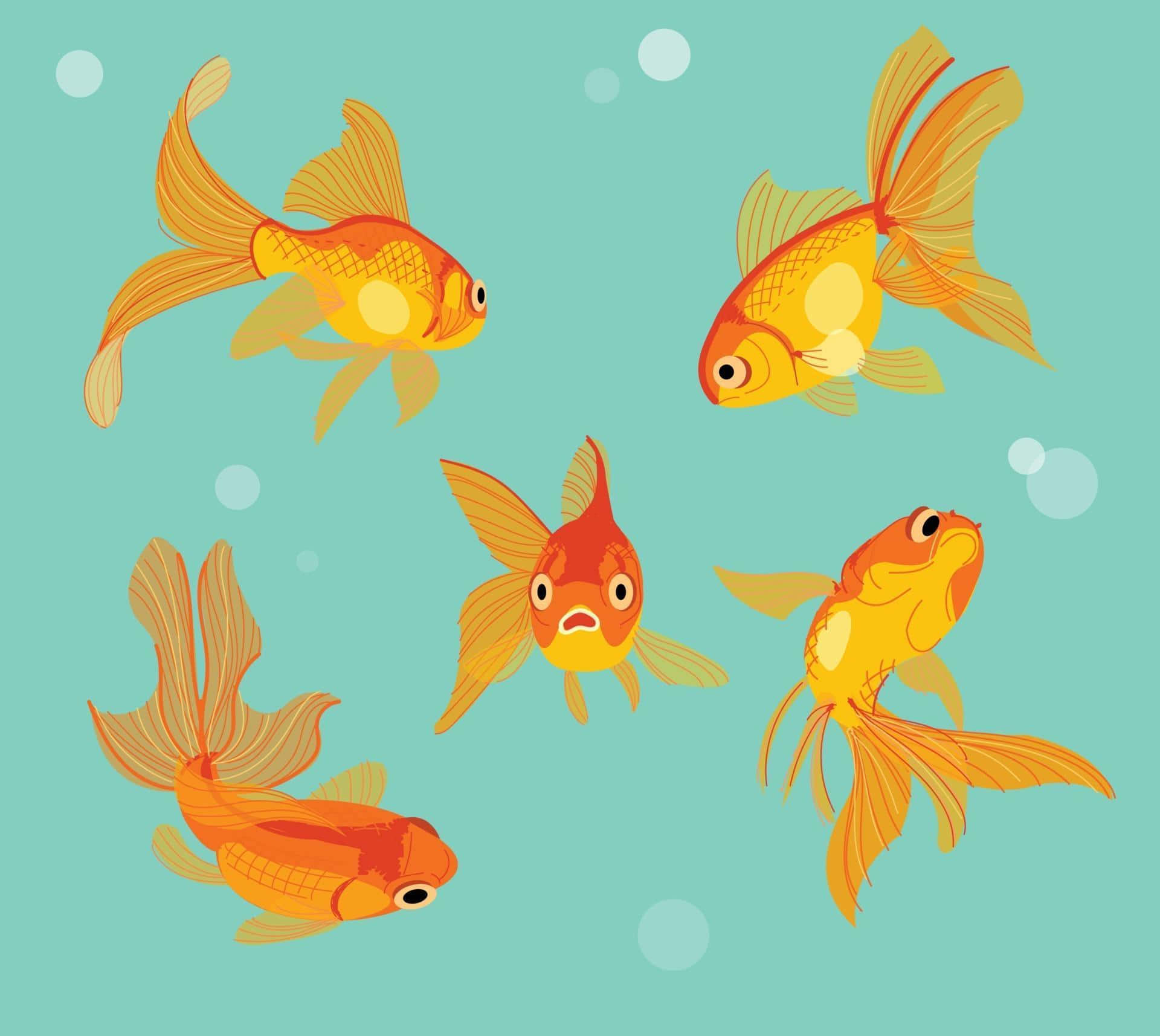 金魚 桌布 壁紙 — 五條風格化的橙色金魚在藍綠色水景中優雅地游動，周圍漂浮著柔軟的氣泡。