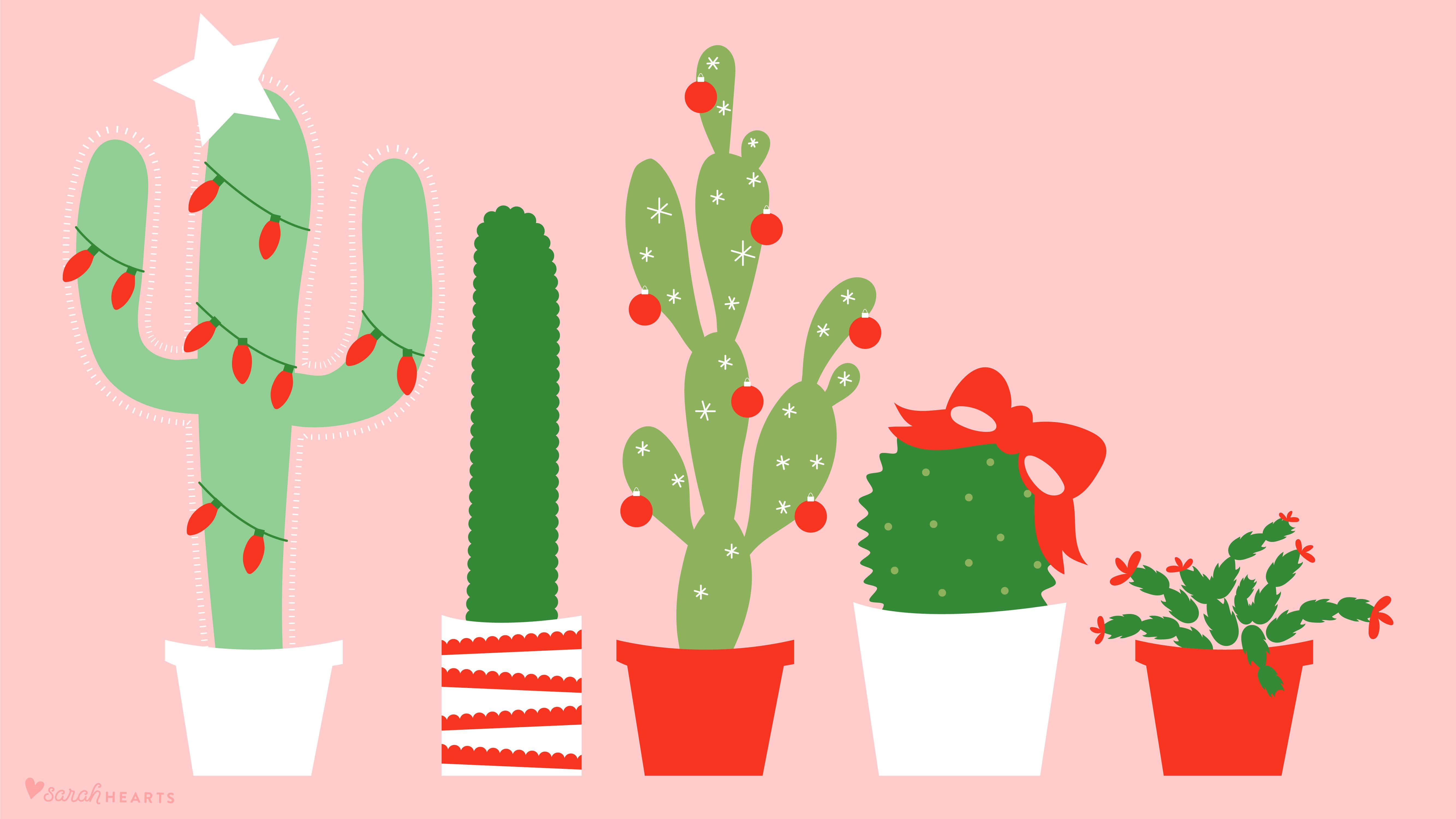 Cactus 桌布 壁紙 — 五棵節日卡通仙人掌，裝飾著燈飾、蝴蝶結和星星，襯托柔和的粉紅色背景。