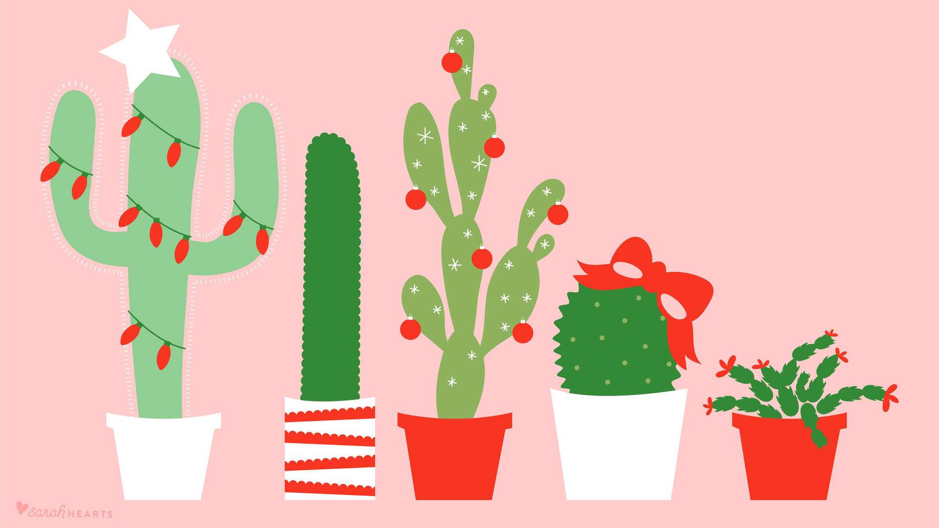 Cactus 桌布 壁紙 — 五棵節日卡通仙人掌，裝飾著燈飾、蝴蝶結和星星，放在紅色和綠色的花盆中，背景是柔和的粉紅色。
