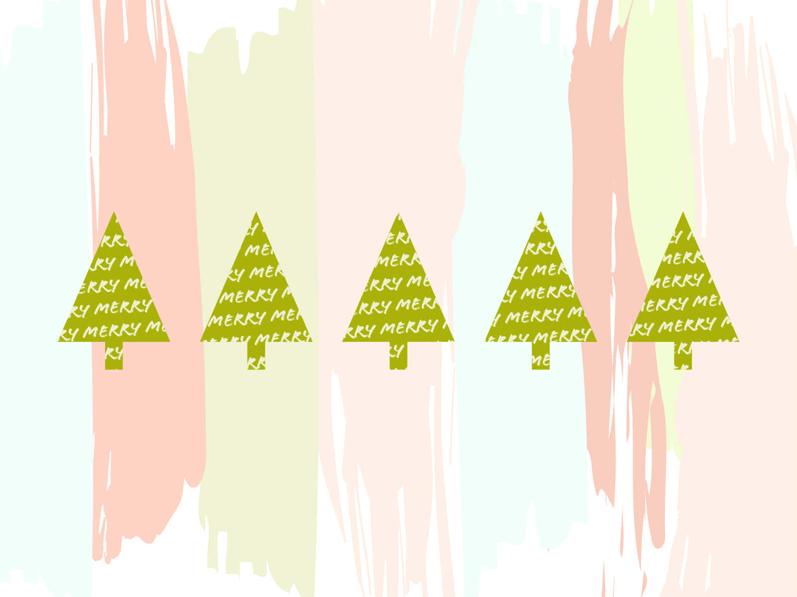 Cute Christmas Tree 桌布 壁紙 — 五棵綠色聖誕樹充滿了「merry merry」文字，襯托著柔和的粉彩筆觸條紋。