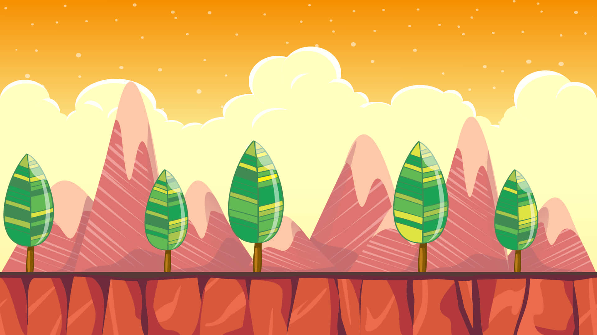 Parallax 桌布 壁紙 — 五棵風格化的綠色樹木站在紅色懸崖邊緣，背景是粉紅色的山脈和溫暖的橙色日落天空，伴有蓬鬆的雲朵。