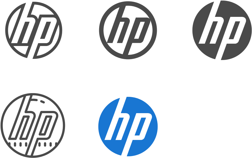 Hp Logo 桌布 壁紙 — 五款HP標誌以灰階和藍色顯示在黑色背景上。