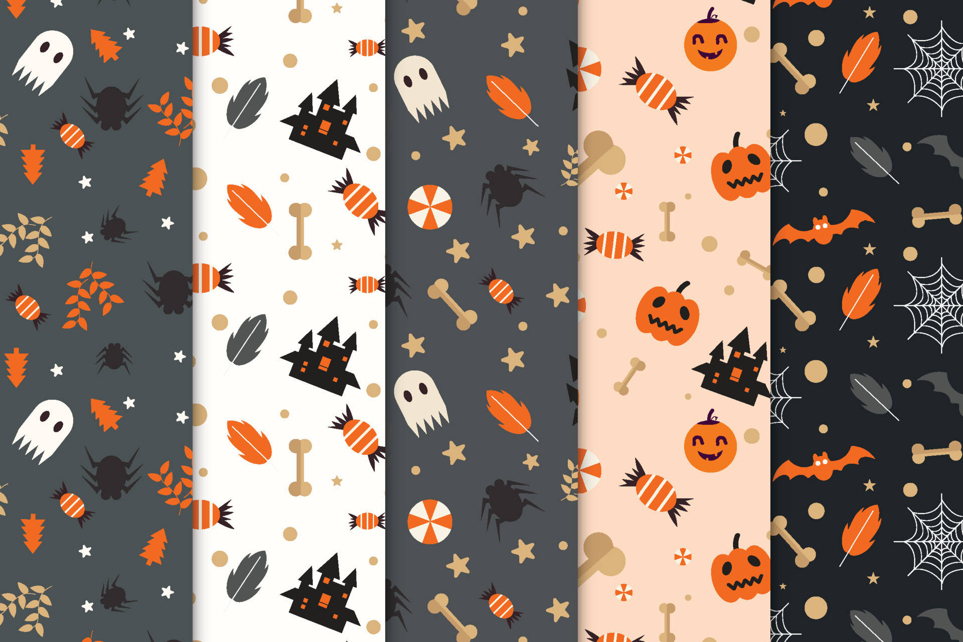 Spooky Season 桌布 壁紙 — 五款以萬聖節為主題的無縫圖案，在深色和粉彩背景上呈現鬼魂、蝙蝠、南瓜和糖果。