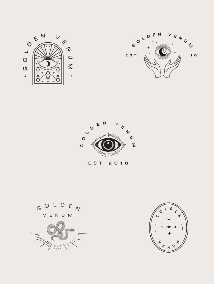 Minimalist Logo 桌布 壁紙 — 五款為Golden Venum設計的極簡黑白標誌，以幾何線條藝術呈現眼睛、新月、手和蛇。