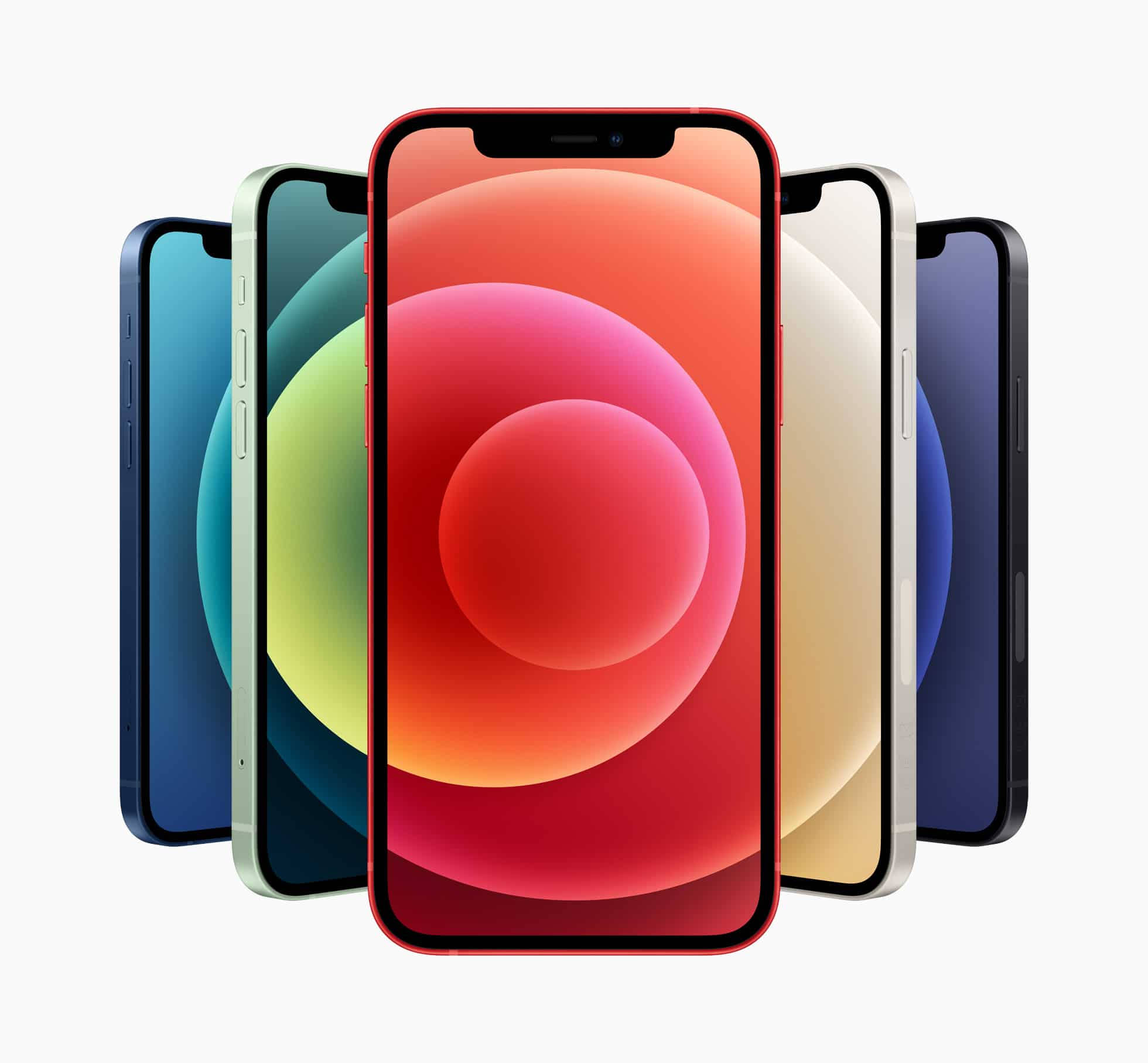 Apple iPhone 預設 桌布 壁紙 — 五款色彩繽紛的iPhone以扇形排列在潔白背景上，展示充滿活力的漸變螢幕。