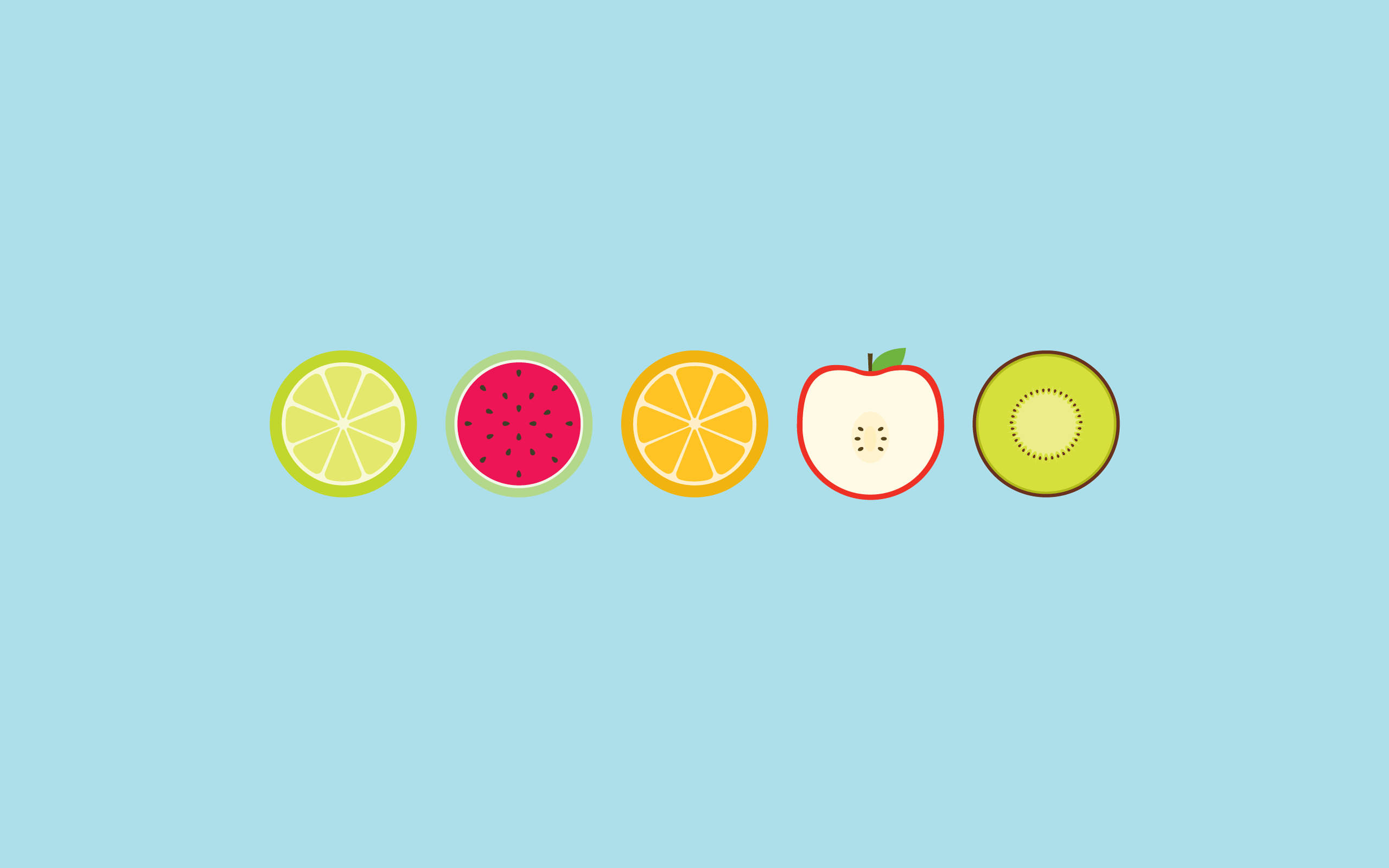 Fruits 桌布 壁紙 — 五款色彩繽紛的切片水果：萊姆、西瓜、柳橙、蘋果和奇異果，排列在一行，背景為柔和的藍色。