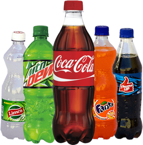 寒冷 桌布 壁紙 — 五款色彩繽紛的汽水瓶，包括可口可樂、Mountain Dew、芬達和Thums Up，排列在黑色背景上。