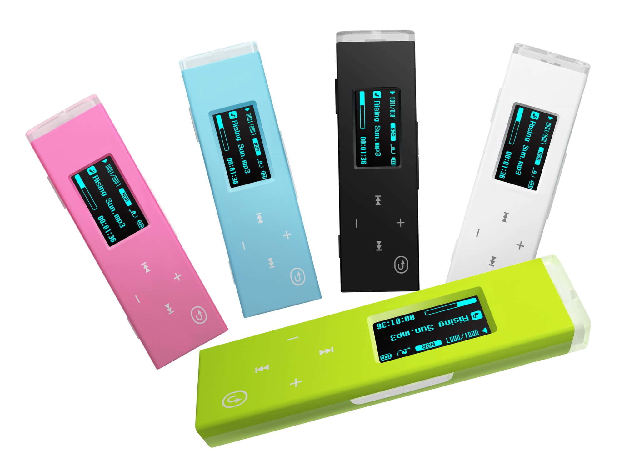 Music Player 桌布 壁紙 — 五款色彩繽紛的長方形MP3播放器，分別為粉紅色、藍色、黑色、白色和萊姆綠色，在潔白的背景上顯示音樂播放。