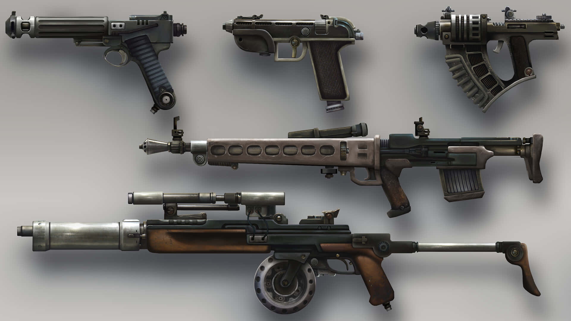 Blaster Rifles 桌布 壁紙 — 五款詳細的未來風格槍械展示在純灰色背景上，帶有柔和陰影。
