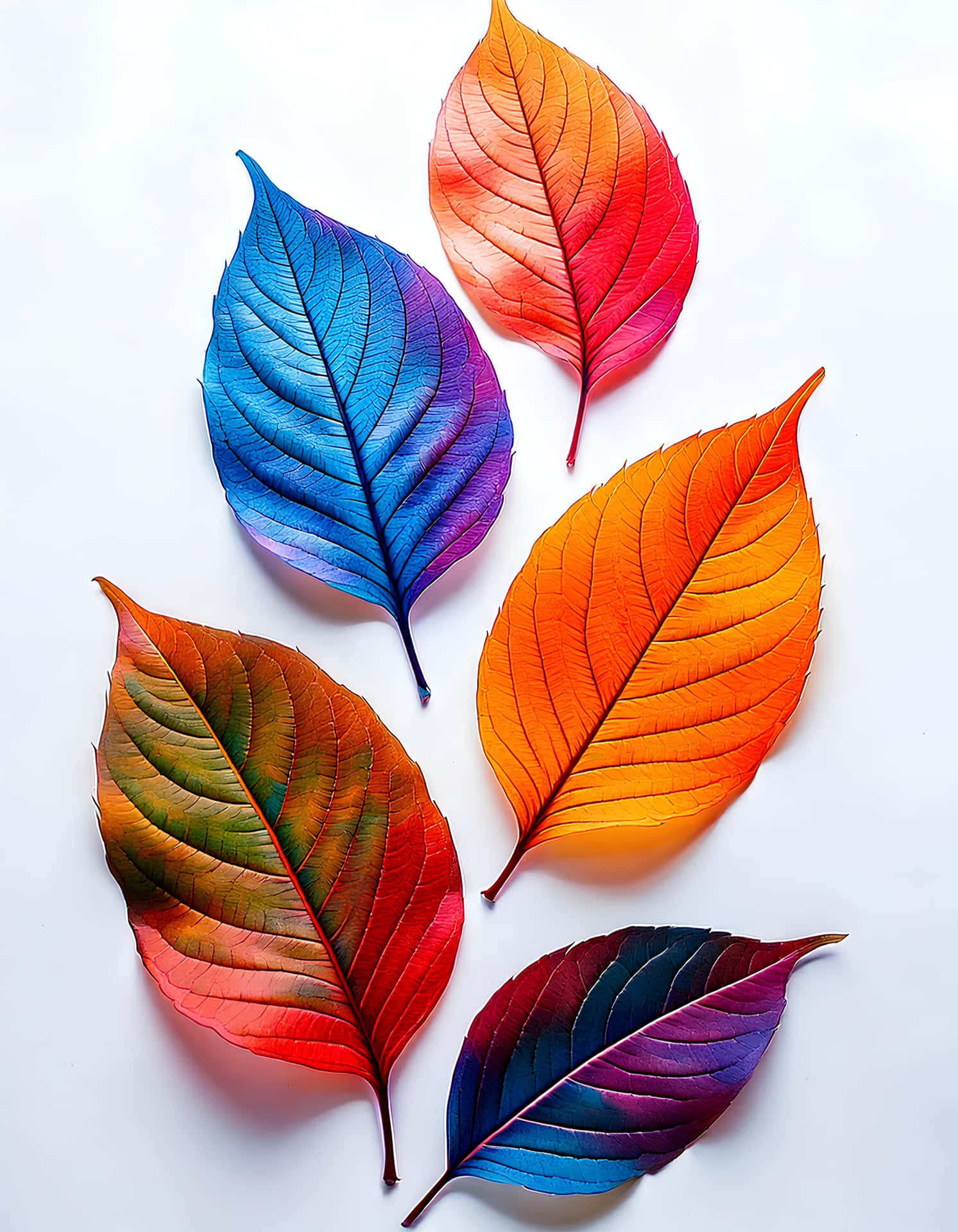 Colorful Leaves 壁紙 — 五片色彩鮮豔的葉子，帶有藍色、紫色、橙色和紅色的漸變色調，排列在白色背景上。