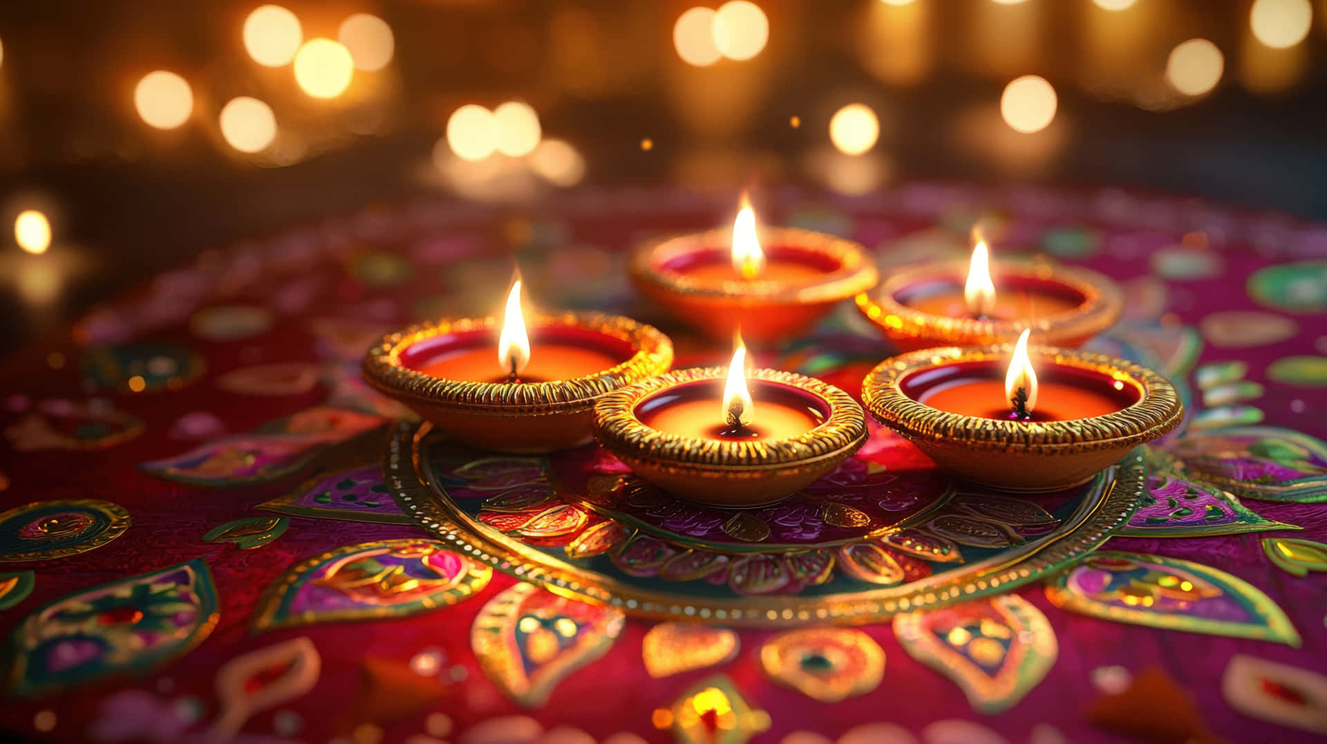 Traditional Diwali Celebration with Illuminated Oil Lamps and Decorative Rangoli 壁紙 — 五盞發光的油燈放在一塊鮮豔的紅色圖案布上，背景有金色的散景燈光。