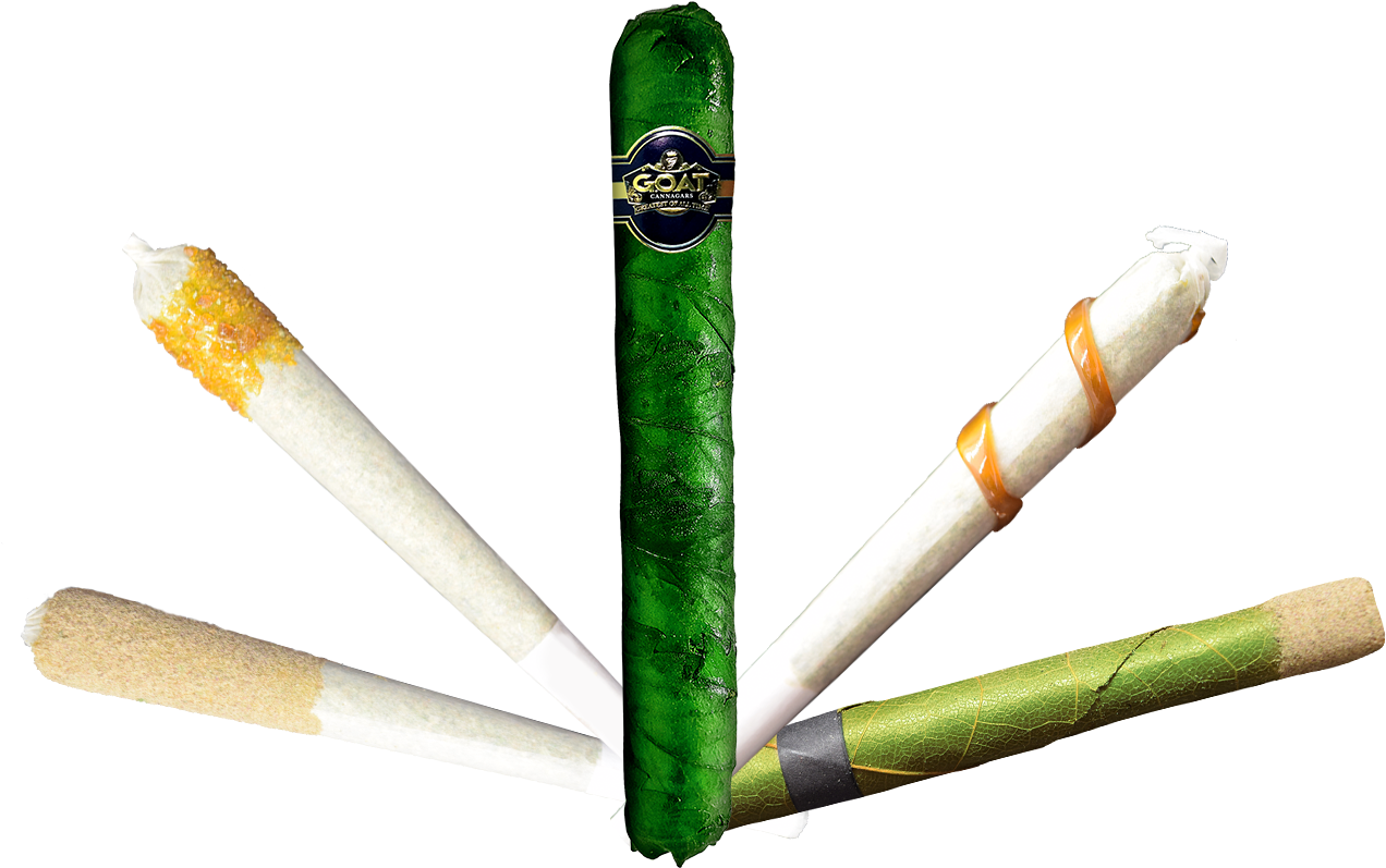 Tobacco 桌布 壁紙 — 五種不同的捲煙產品，包括綠色包裝的雪茄和各種手捲大麻煙，以扇形排列在黑色背景上。