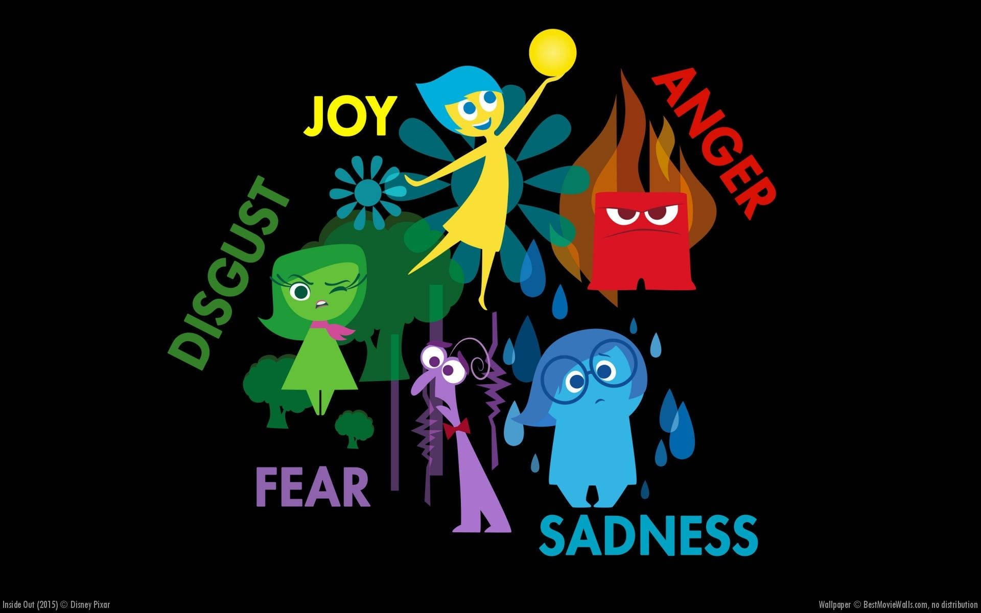 sadness 桌布 壁紙 — 五種色彩繽紛的卡通情緒—喜悅、憤怒、悲傷、恐懼和厭惡—站在黑色背景前，每個都標有它們的名稱。