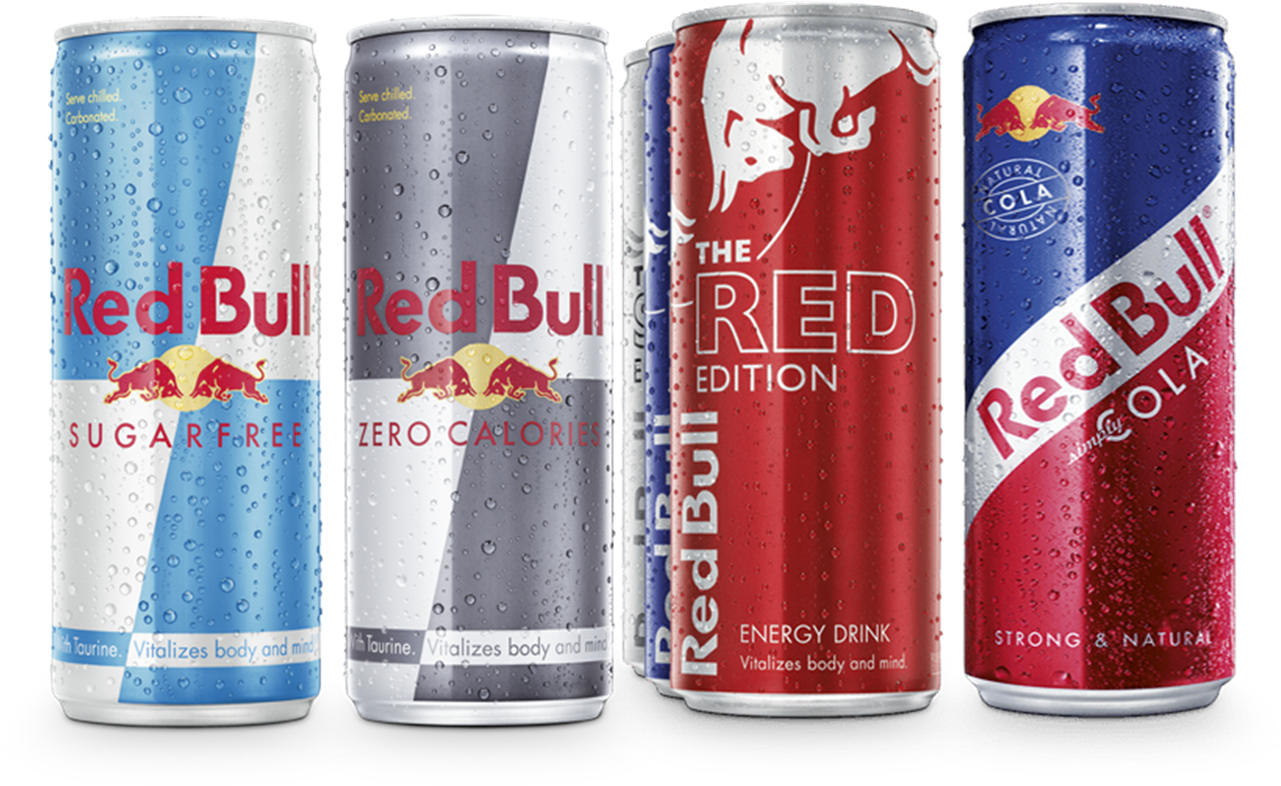 紅牛 桌布 壁紙 — 五罐冰涼的Red Bull能量飲料罐，帶有冷凝水滴，在黑色背景上展示不同口味。