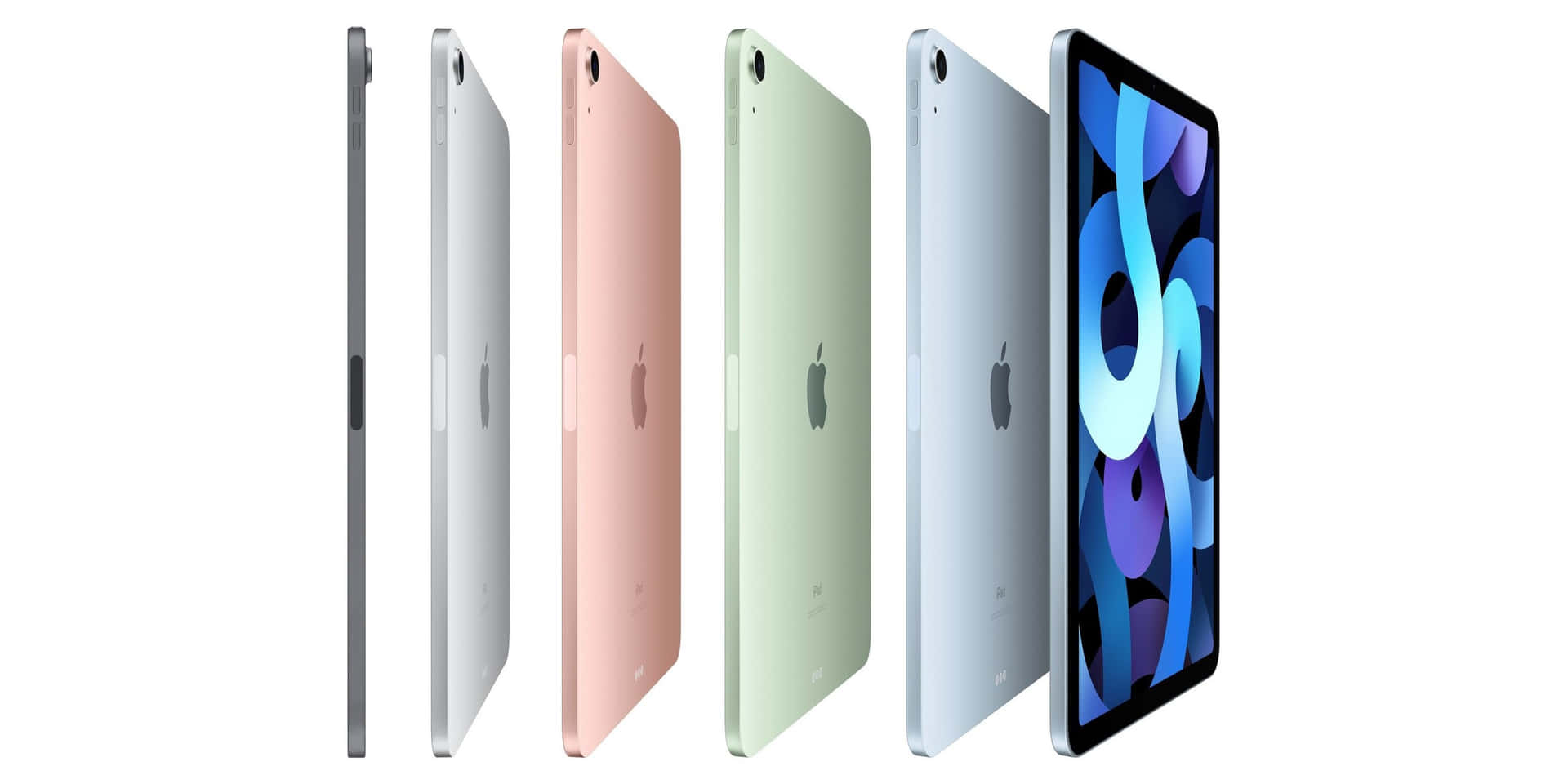 科技動圖 桌布 壁紙 — 五部 Apple iPad Air 平板電腦，顏色包括銀色、玫瑰金色、綠色、藍色和太空灰色，以側面展示，其中一部顯示色彩繽紛的抽象桌布。