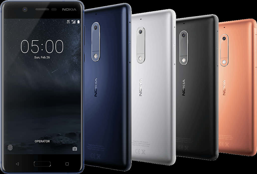 Smart Phone 桌布 壁紙 — 五部Nokia智慧型手機，藍色、銀色、黑色和銅色，在深色背景前展示正面和背面。