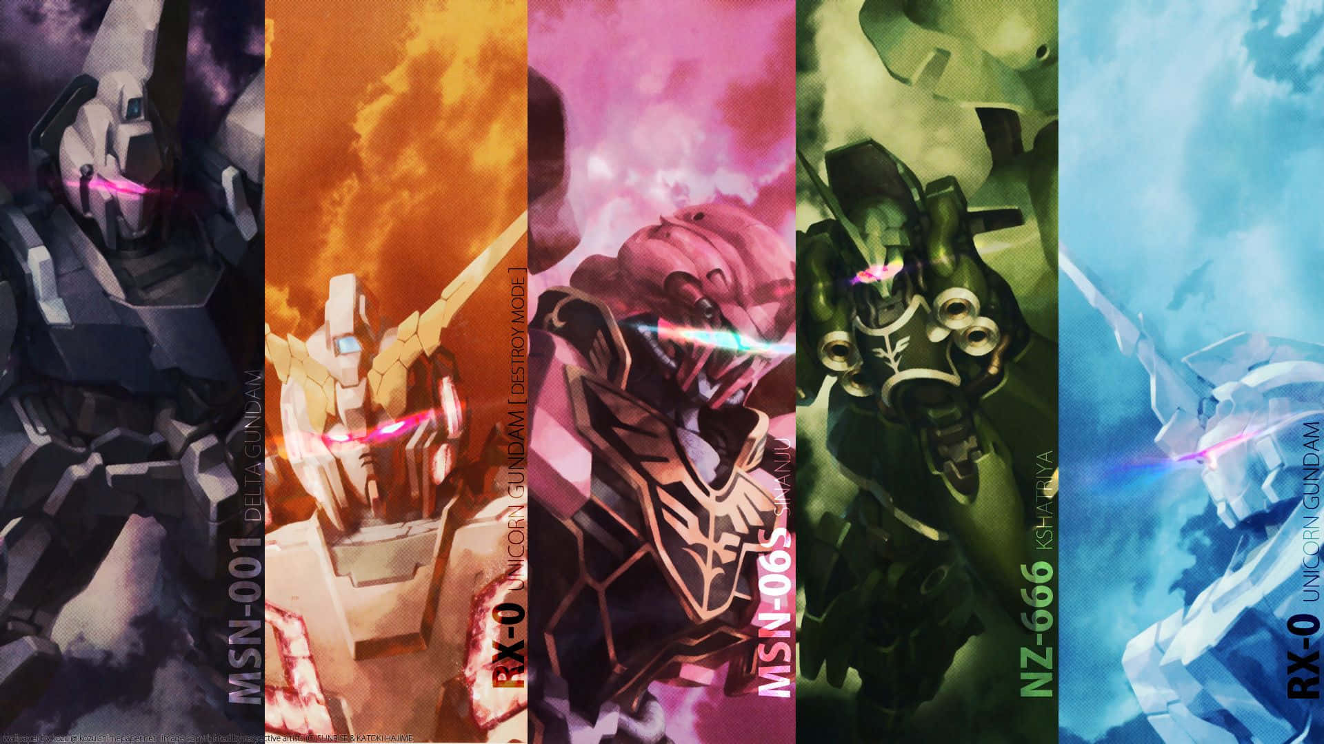 Gundam Unicorn 桌布 壁紙 — 五部標誌性的鋼彈機甲站立在鮮豔的垂直面板中，每部都在戲劇性的天空下散發出獨特顏色的能量光束。
