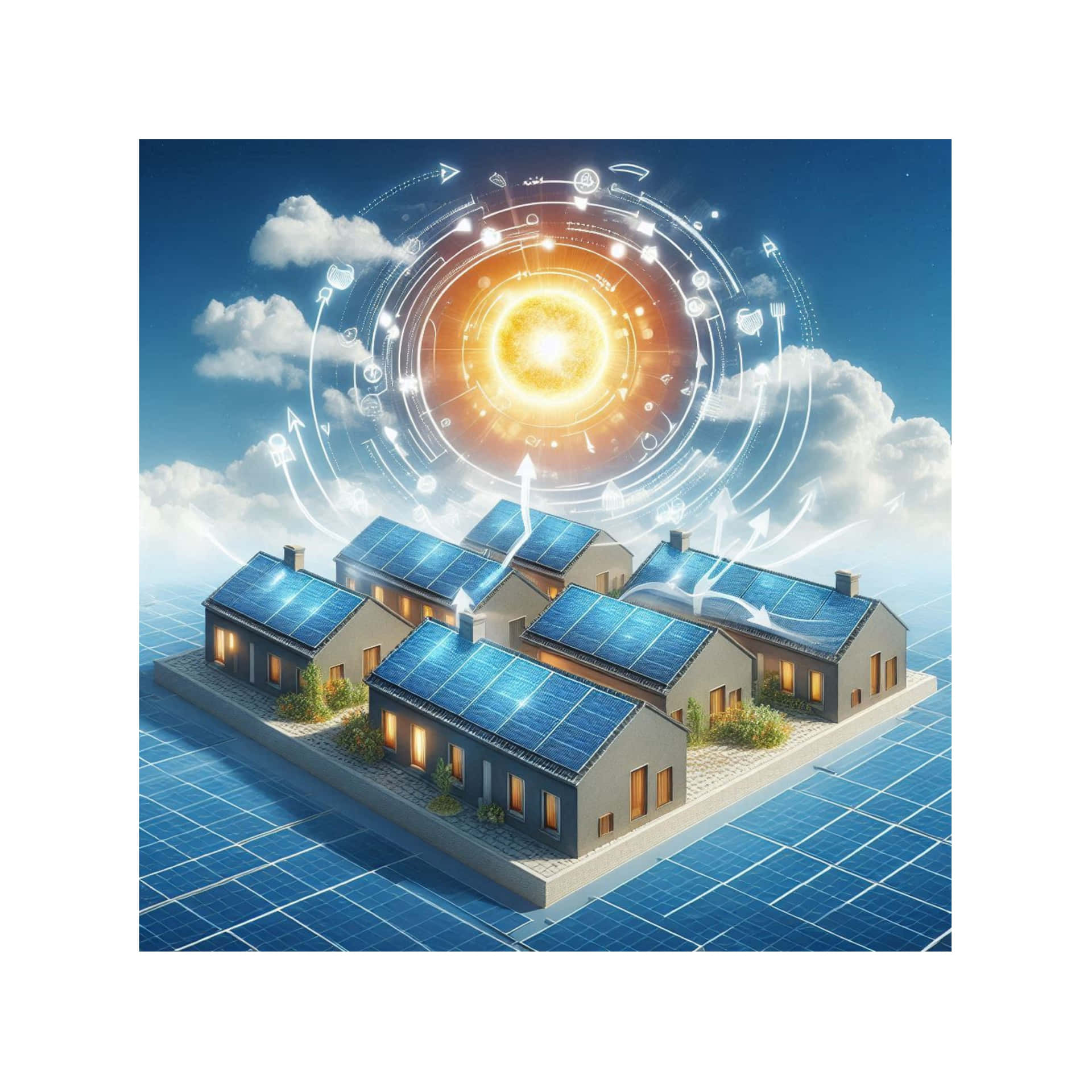 diagrammatic solar power drawing 壁紙 — 五間裝有太陽能板的現代房屋在晴朗藍天下，於未來感全息太陽下溫暖發光。