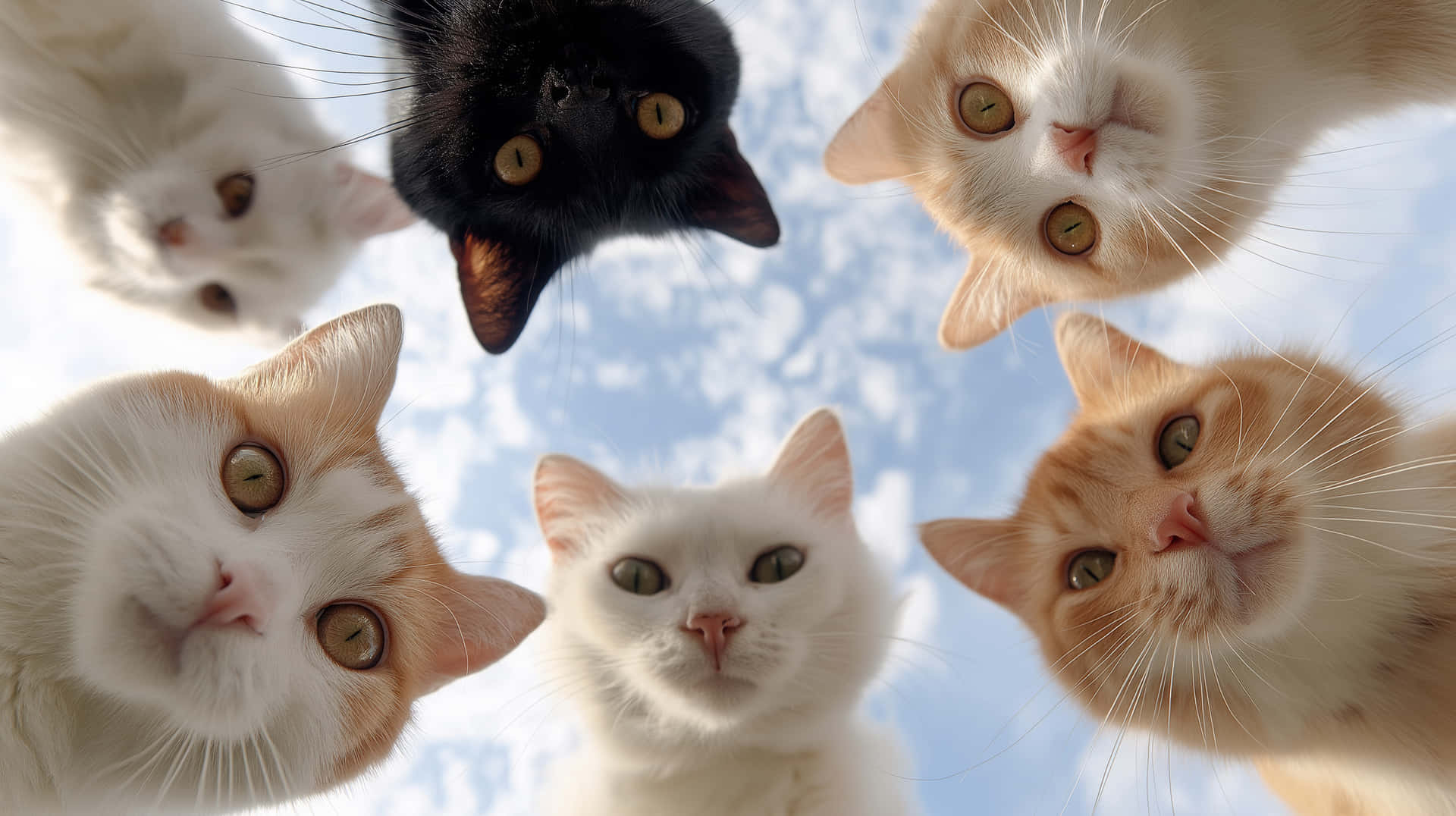 Playful Group of Five Cats Looking with Curious and Happy Expressions 壁紙 — 五隻不同顏色的貓咪在明亮的藍天和 fluffy 白雲背景下向下看著鏡頭。