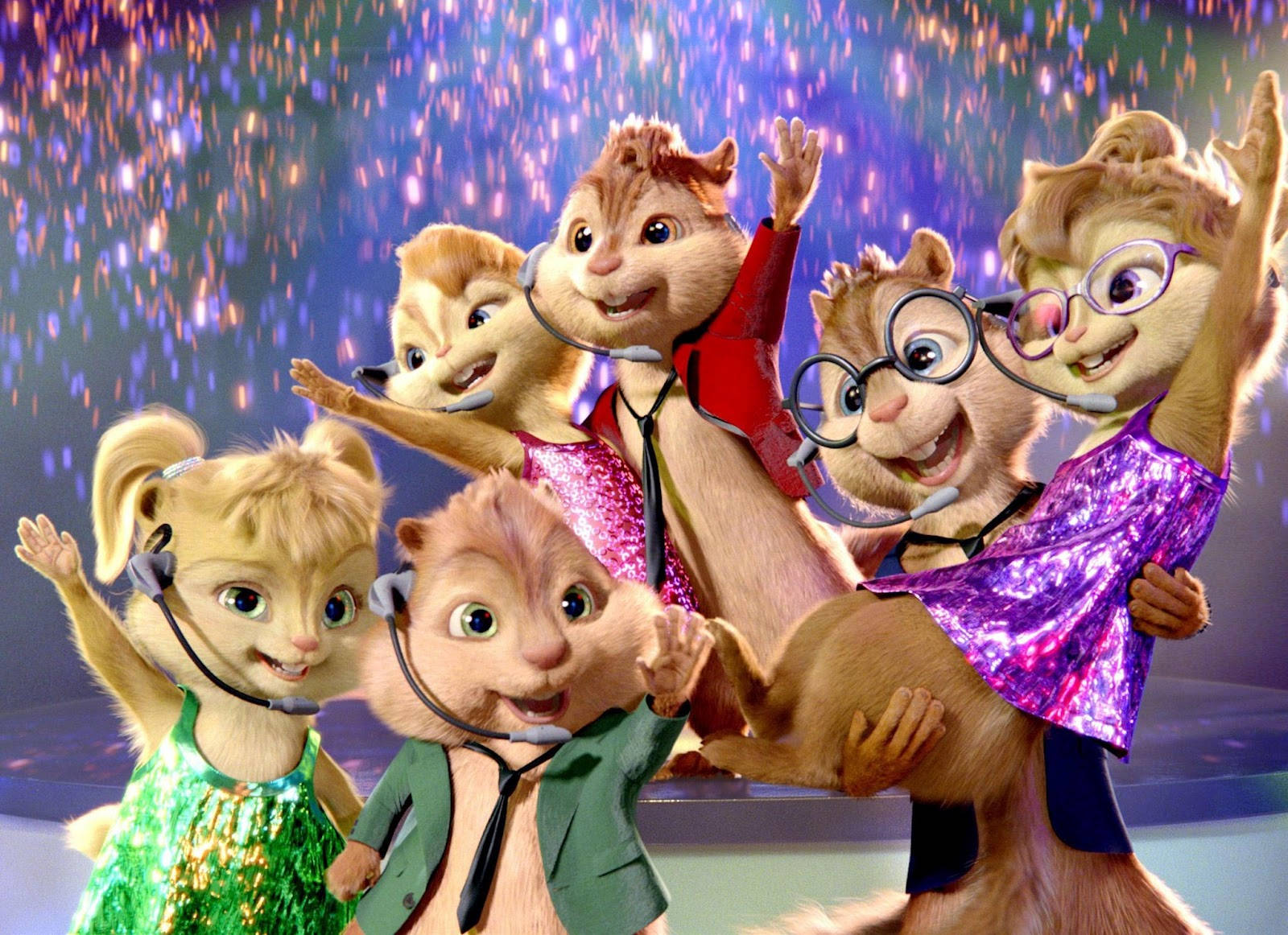 Chipmunks 桌布 壁紙 — 五隻動畫花栗鼠穿著閃亮服裝和聽診器，在閃爍的舞台燈光下愉快地擺姿勢。