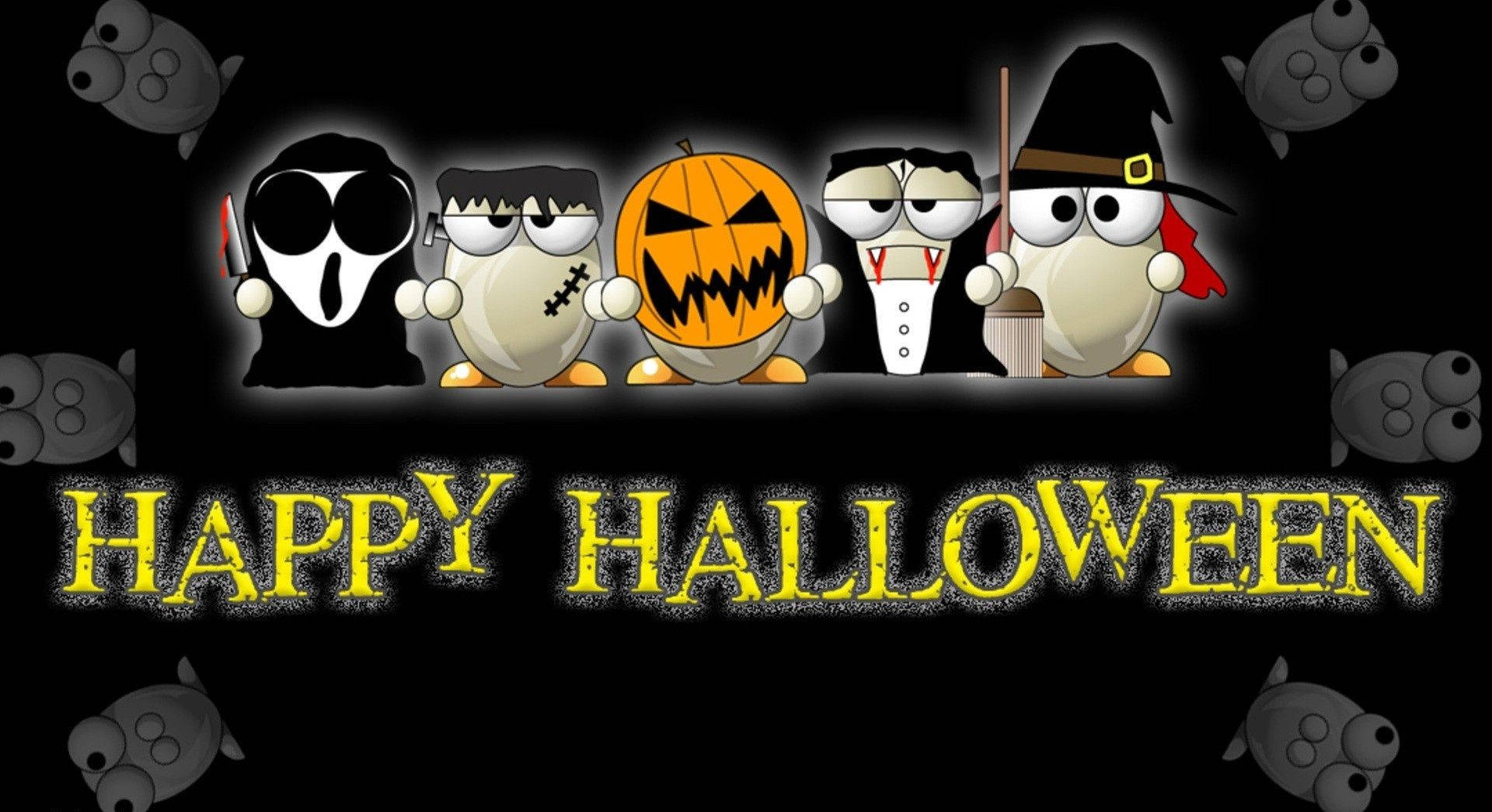 Happy Halloween 桌布 壁紙 — 五隻卡通企鵝打扮成萬聖節怪物，站在黑色背景前，帶有發光的黃色文字。