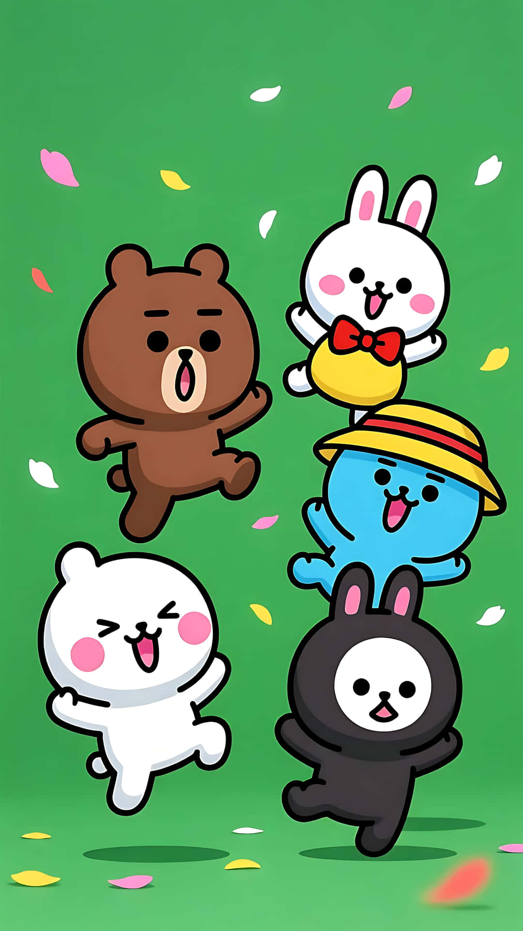 Cute cartoon animal characters jumping on green background 壁紙 — 五隻卡通動物在散落著彩色花瓣的綠色背景上歡快地跳躍。