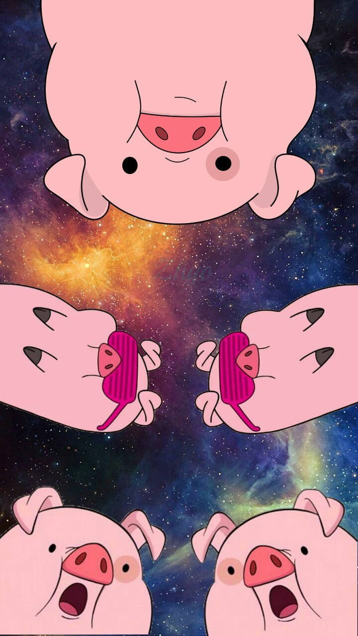 waddles 桌布 壁紙 — 五隻卡通豬漂浮在色彩繽紛的宇宙星雲中，有星星和發光的氣體雲。