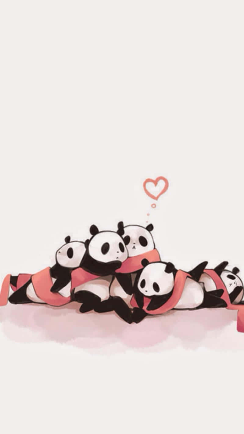 Cute Panda 桌布 壁紙 — 五隻可愛卡通熊貓戴著粉紅色圍巾依偎在一起，其中一隻的頭頂上方有一個漂浮的愛心。