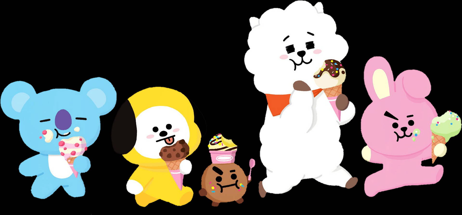 BTS 卡通 桌布 壁紙 — 五隻可愛的卡通動物在黑色背景前享用色彩繽紛的冰淇淋甜筒。