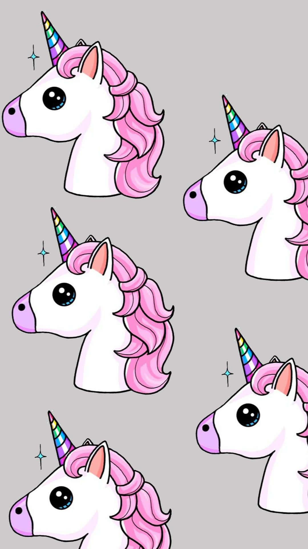 Cartoon Unicorn 桌布 壁紙 — 五隻可愛的卡通獨角獸，擁有粉紅色鬃毛和彩虹角，在帶有閃光的柔和灰色背景上漂浮。