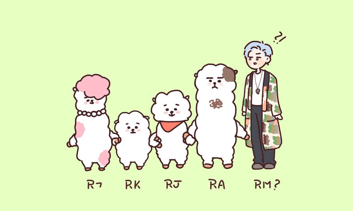 rj bt21 桌布 壁紙 — 五隻可愛的卡通羊駝，標籤為 R7 RK RJ RA，站在一個困惑的人類角色（標籤為 RM?）旁邊，背景是淺綠色。
