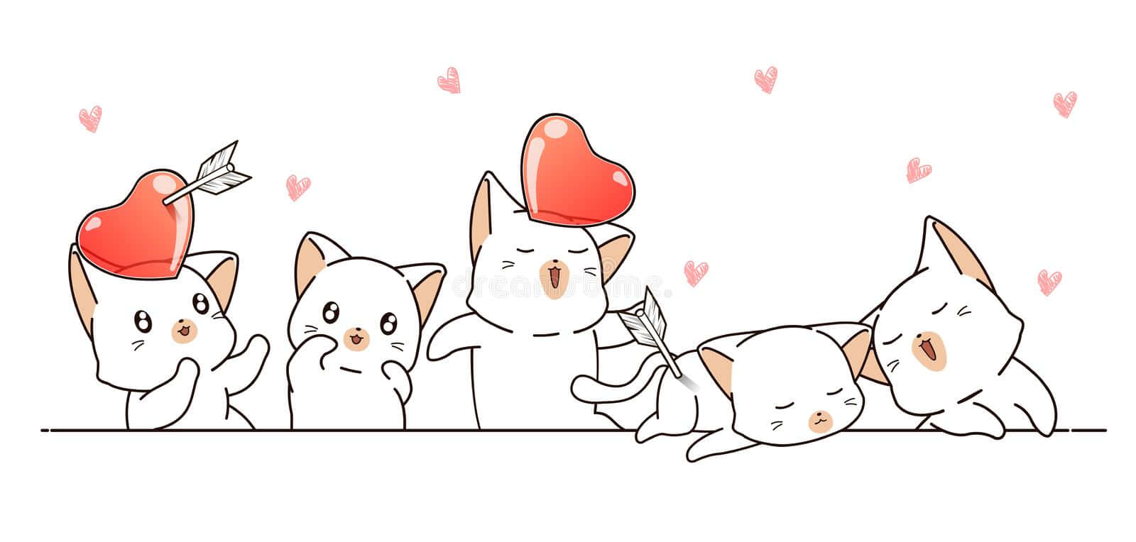 桌布 壁紙 — 五隻可愛的卡通貓咪，帶著心形和箭頭，在一個有趣的 Valentine's 場景中表達愛意和情感。