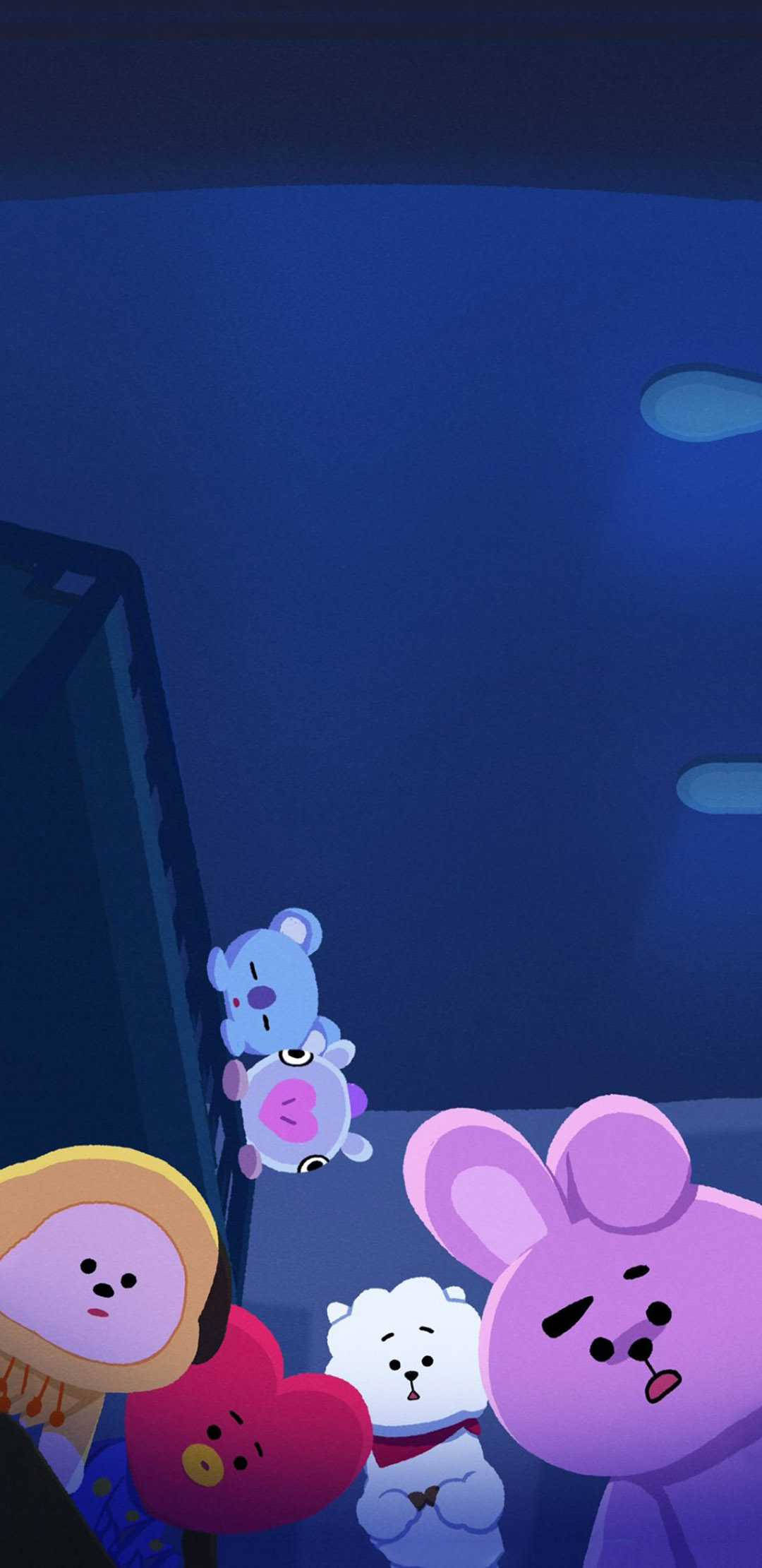 Koya 桌布 壁紙 — 五隻帶有睡意表情的卡通動物漂浮在深藍色夜空，靠近建築物剪影。