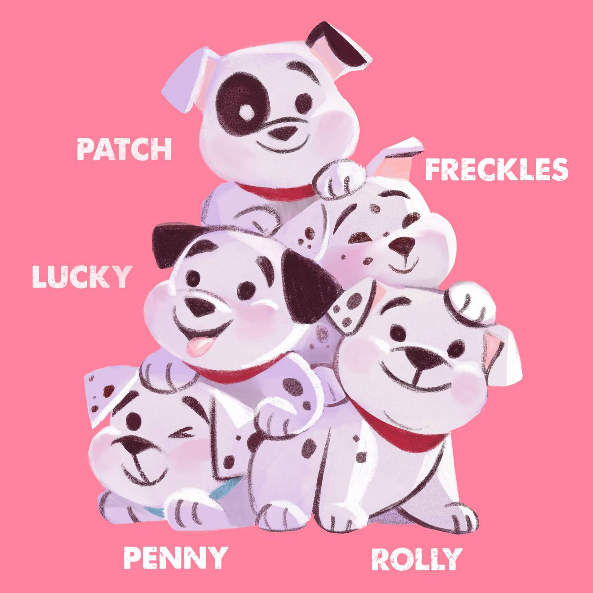 101忠狗 桌布 壁紙 — 五隻快樂的大麥町幼犬，名叫Patch、Freckles、Lucky、Penny和Rolly，堆疊在一起，背景是柔軟的粉紅色。