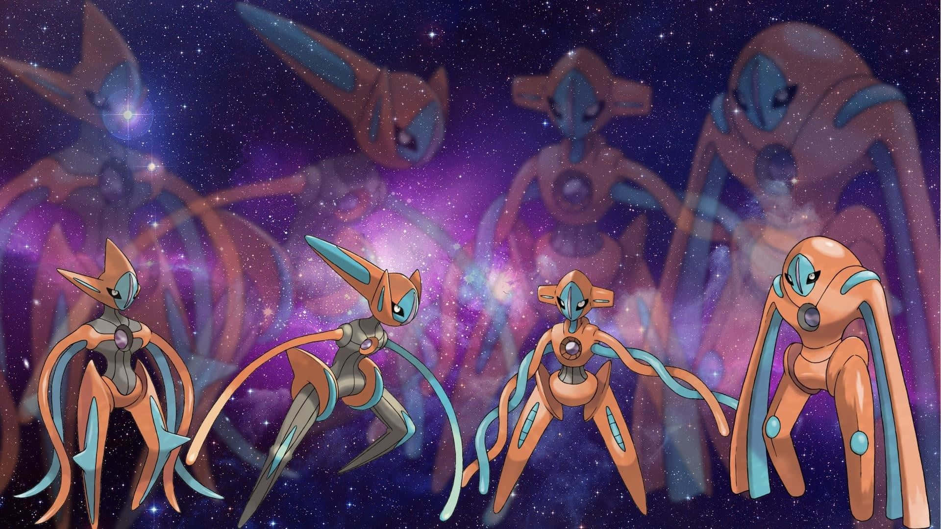 寶可夢 桌布 壁紙 — 五隻橙色和藍綠色的寶可夢在充滿星星和紫色雲朵的鮮豔宇宙星雲中優雅地漂浮。