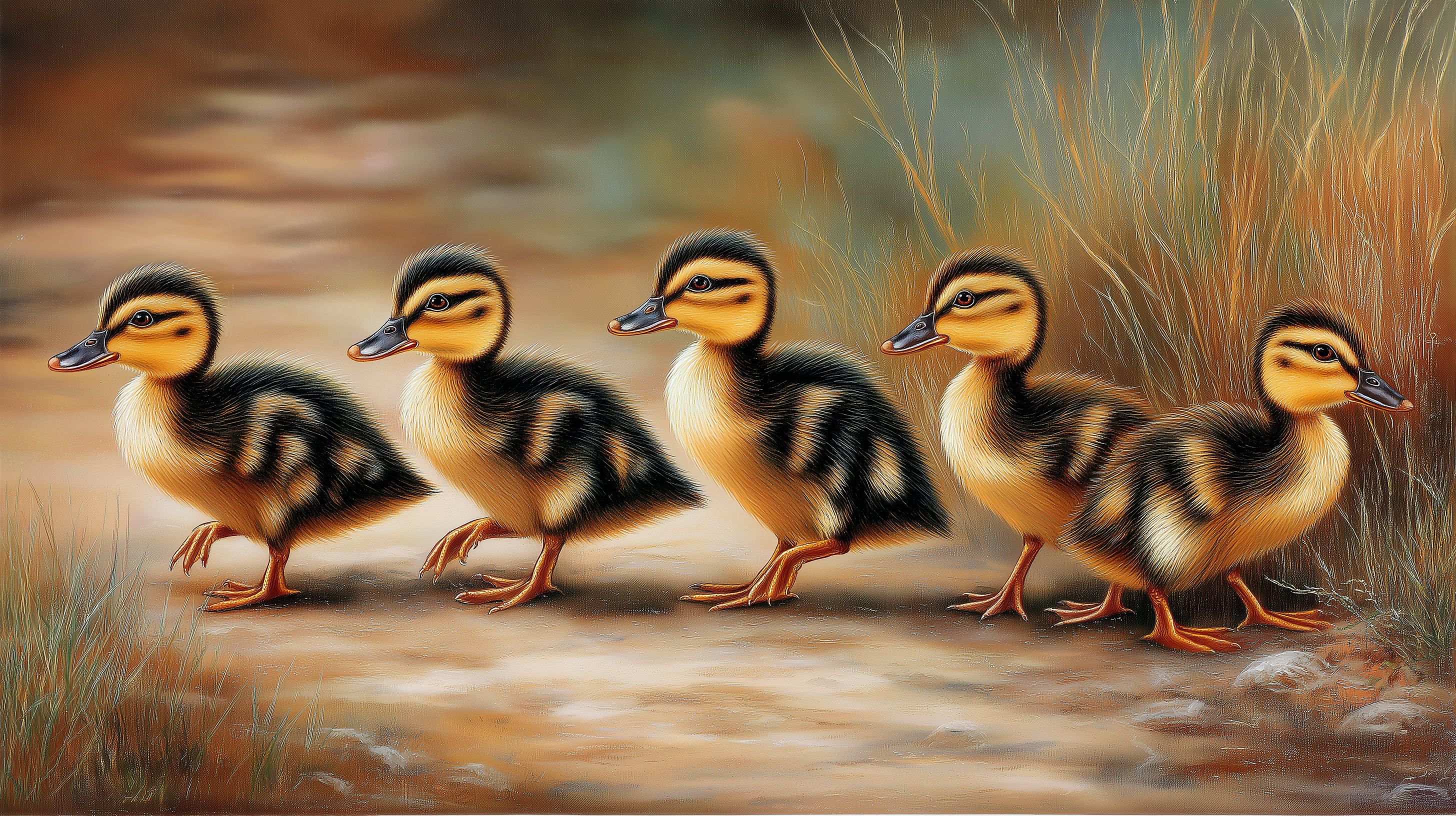 ducks 桌布 壁紙 — 五隻毛茸茸的小鴨，身上有黑色和黃色的條紋羽毛，排成一列沿著泥濘的河岸行走，兩旁有高高的草。