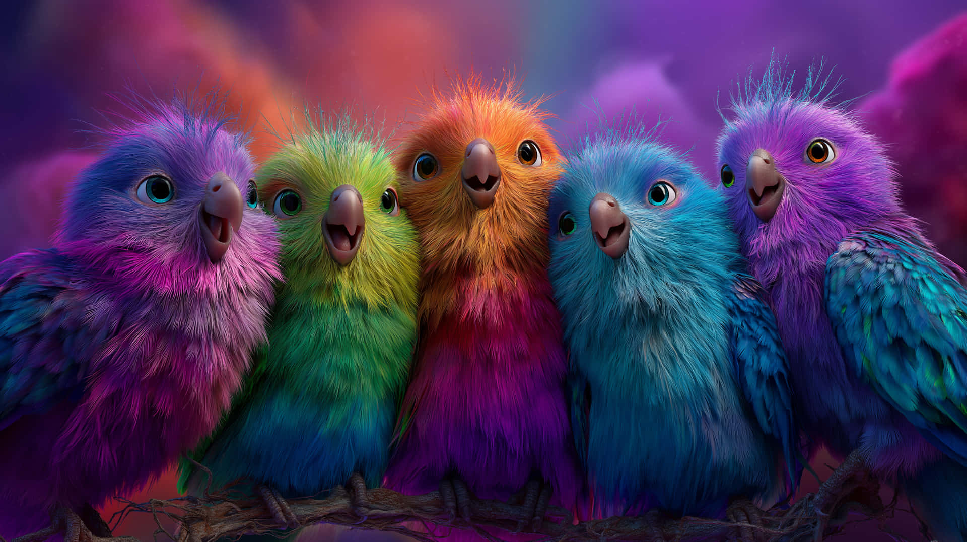Five Cheerful Fluffy Birds Perched with Dynamic Plumage 壁紙 — 五隻毛茸茸的彩虹色小鳥，睜著大眼睛，一起棲息在樹枝上，背景是充滿活力的宇宙天空。