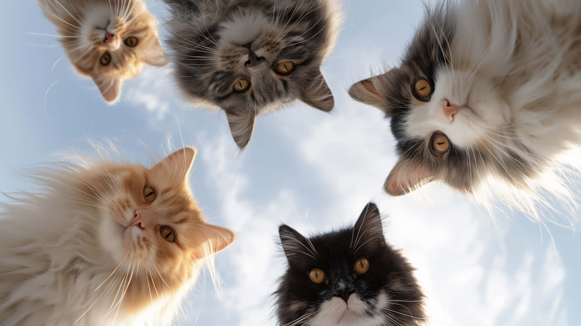 Playful Group of Five Cats Looking with Curious and Happy Expressions 壁紙 — 五隻毛茸茸的貓咪，毛色各異，從上方俯視，背景是明亮的藍天和柔軟的白雲。