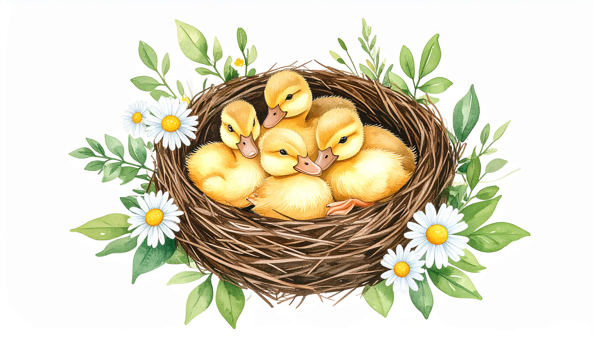 Spring Nest 壁紙 — 五隻毛茸茸的黃色小鴨擠在一個編織巢中，周圍環繞著綠葉和白色雛菊。