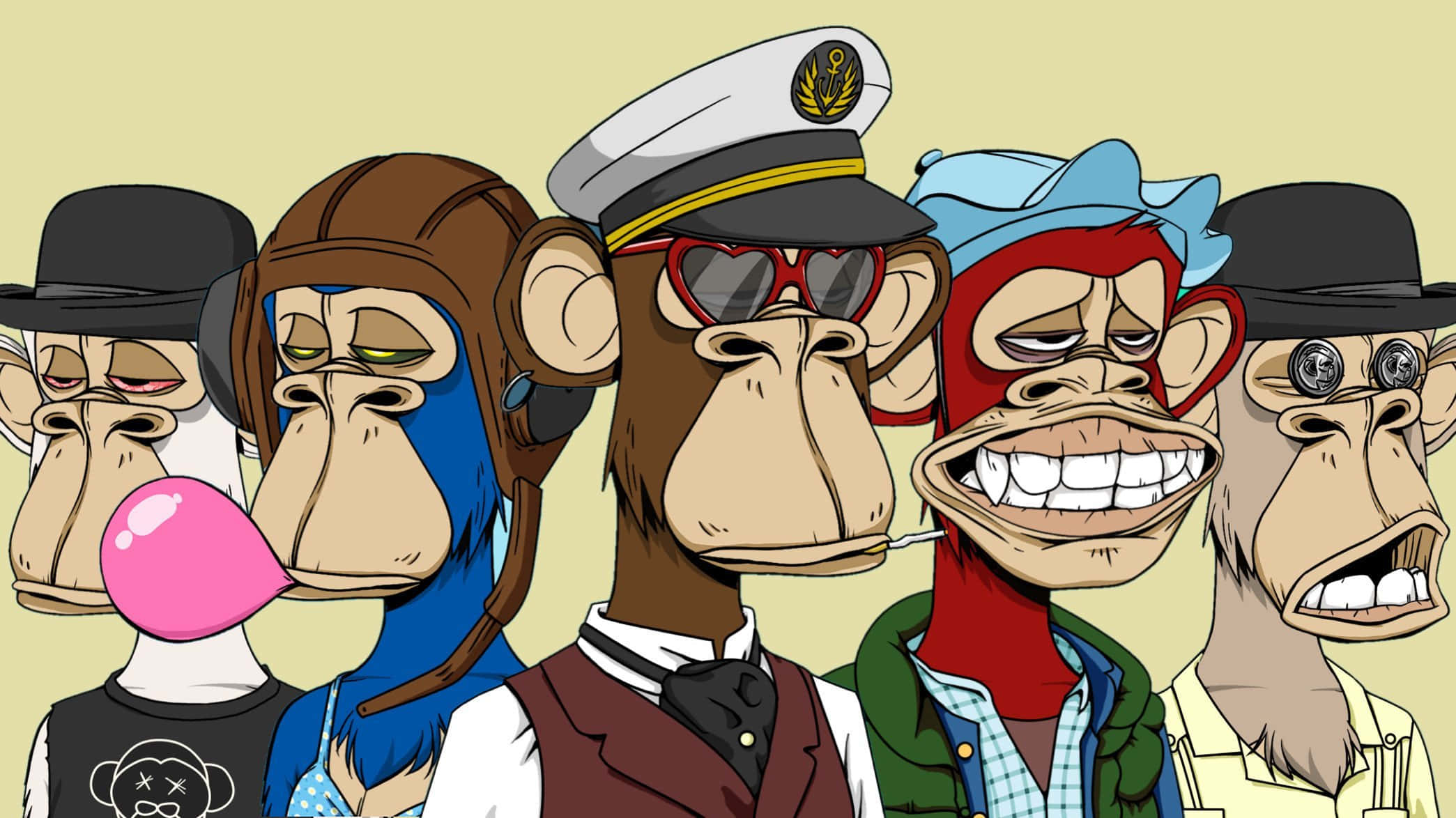 Cartoon 桌布 壁紙 — 五隻穿著人類衣服和配飾的卡通猴子，在純米色背景前擺出誇張的表情。