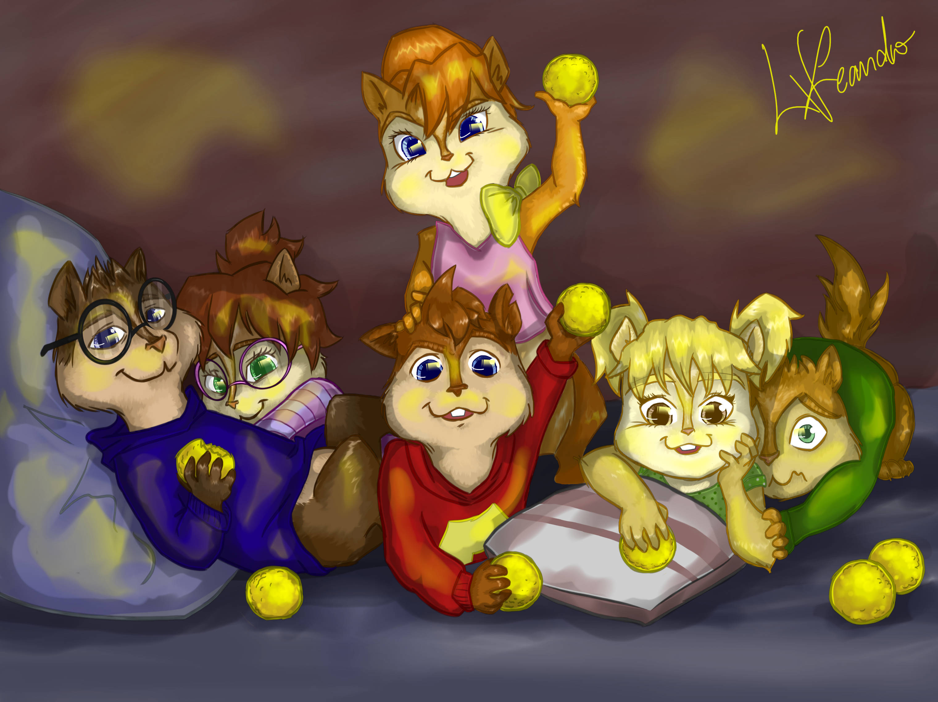 Chipmunks 桌布 壁紙 — 五隻穿著彩色運動服的花栗鼠兄弟姊妹，在枕頭上依偎著，抱著黃色網球，營造出舒適的室內場景。
