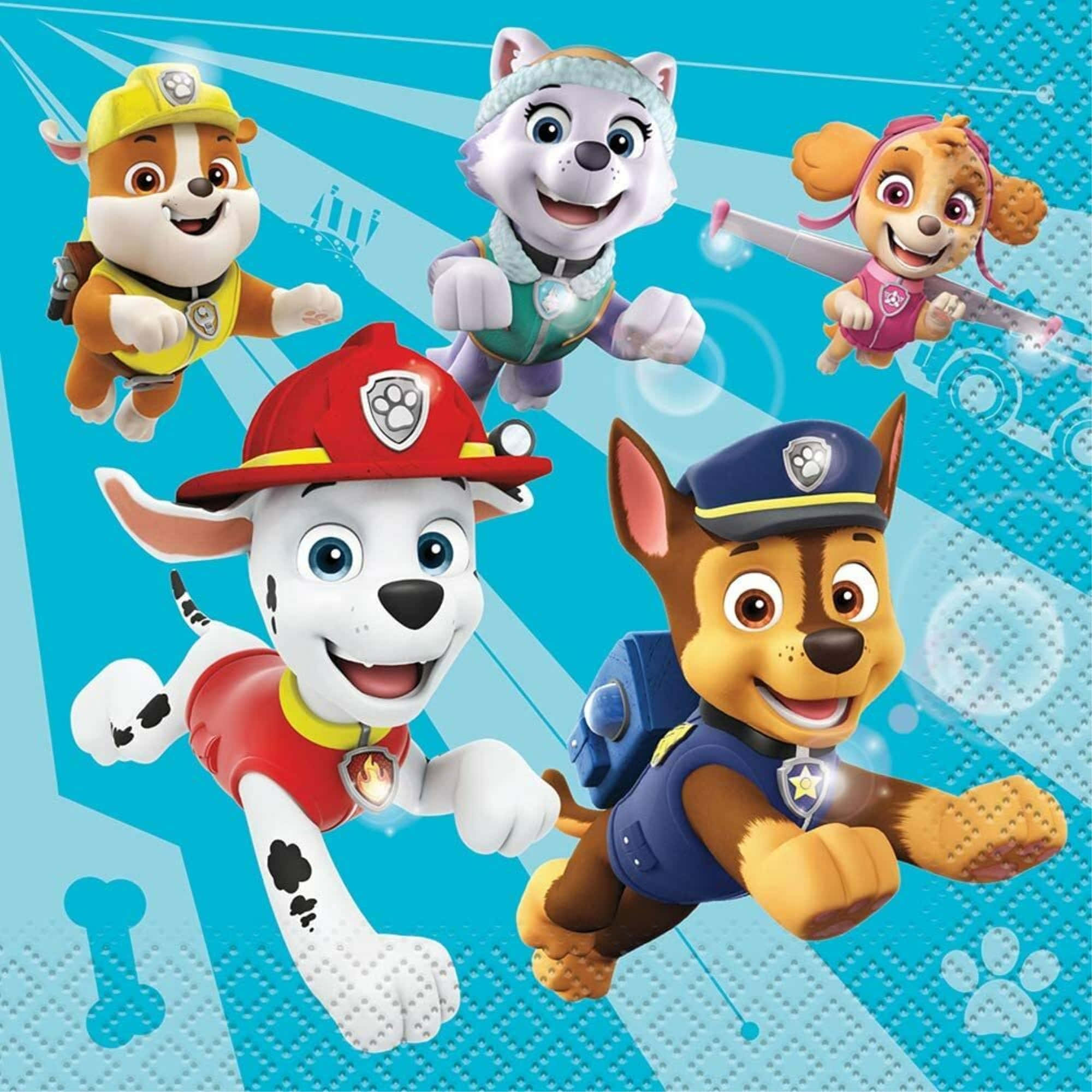 Skye Paw Patrol 桌布 壁紙 — 五隻穿著飛行裝備的開心汪汪隊小狗在帶有腳印和骨頭的明亮藍色背景上動態翱翔。